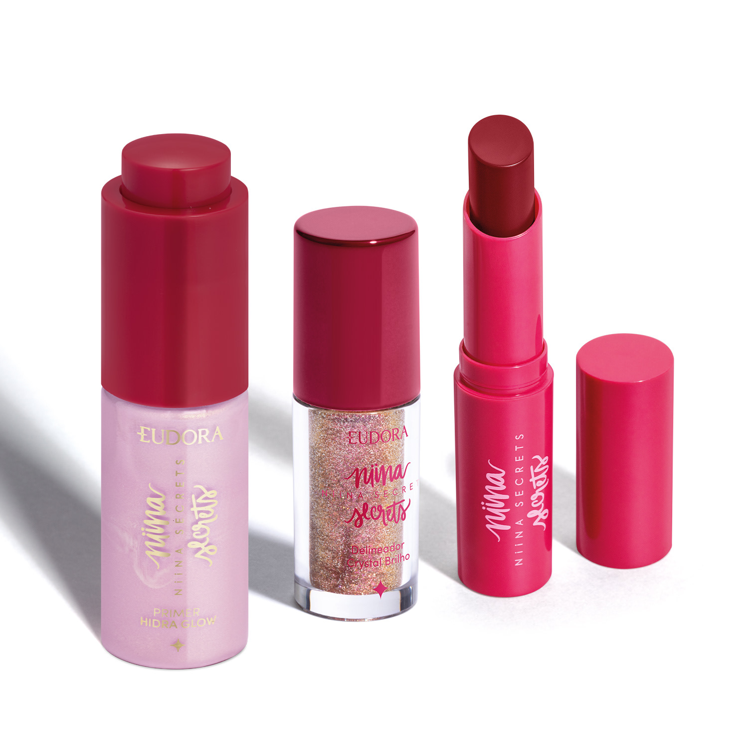 Combo Niina Secrets: Delineador Crystal Brilho Rose Gold 3g + Hidra Balm Rosa 3,2g + Primer Hidra Glow 16ml