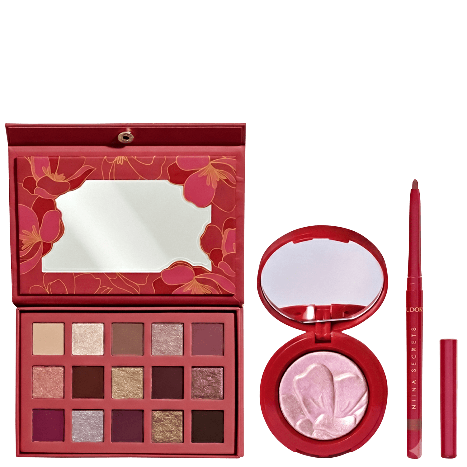 Kit Eudora Niina Secrets Soft Petals - Paleta de Sombras 10g + Iluminador 3g + Lapiseira Labial Rosa Secreta 1,2g