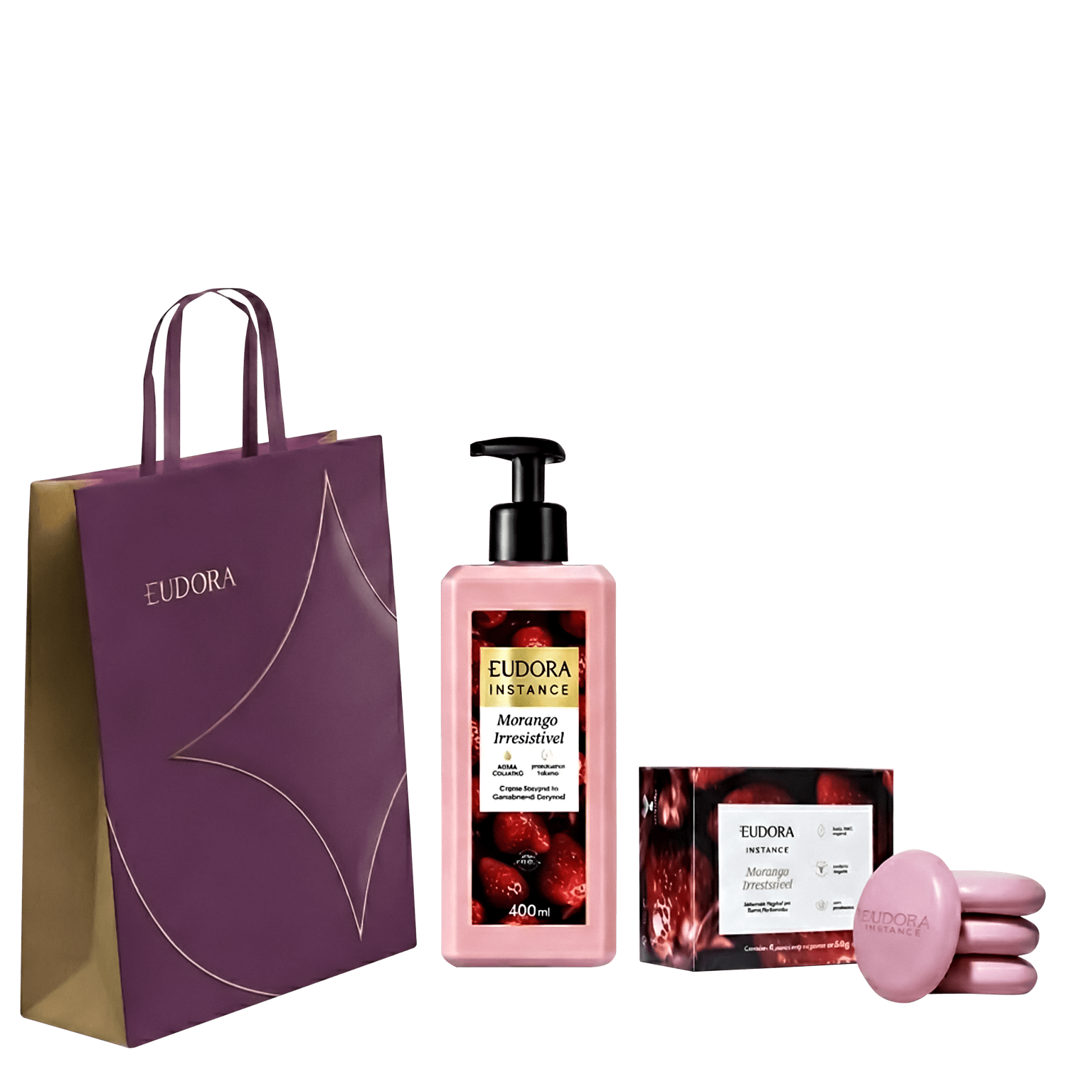 Kit Eudora Instance Morango Irresistível - Creme Hidratante 400ml + Sabonete em Barra 4x80g + Sacola