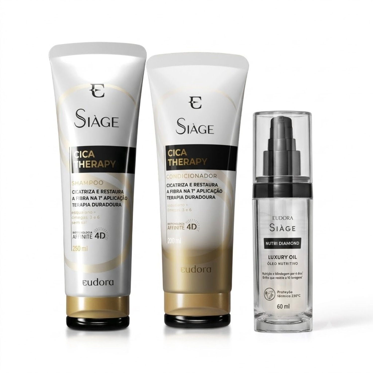 Combo Siàge: Shampoo Cica-Therapy 250ml + Condicionador Cica-Therapy 200ml + Óleo Nutritivo Siàge Nutri Diamond 60ml