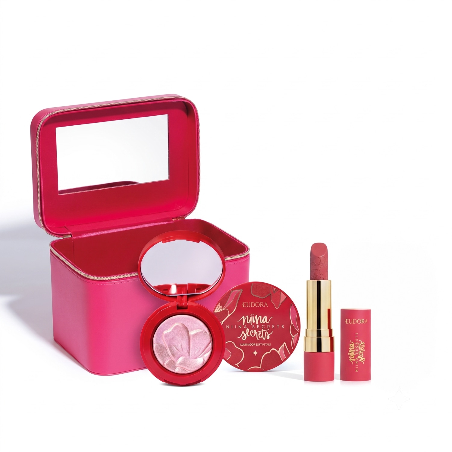 Combo Batom Niina Secrets Soft Petals Rosa Secreta 3,8g + Iluminador Soft Petals 3g + Maleta de Maquiagem