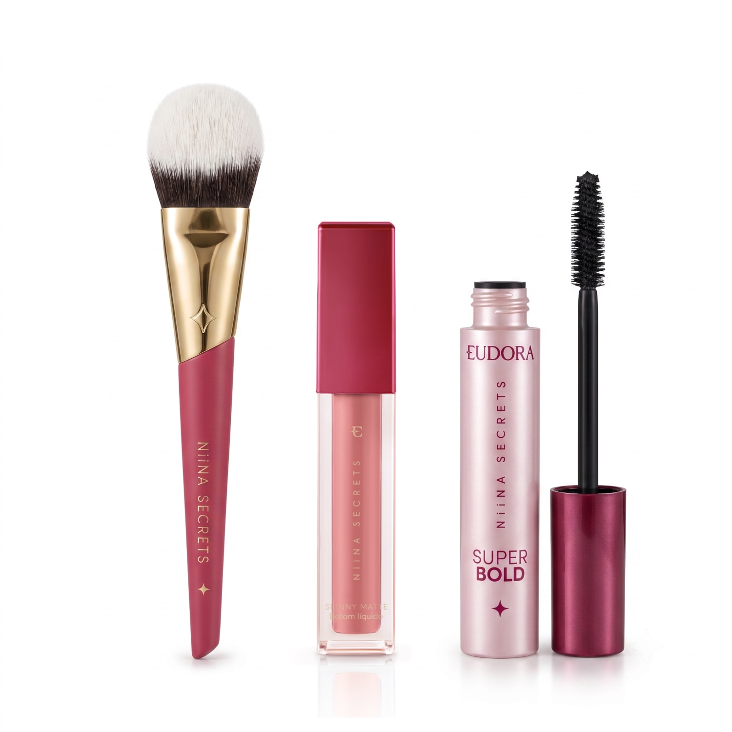 Combo Niina Secrets: Batom Líquido Rose Gardênia 5ml + Máscara para Cílios Super Bold 10g + Pincel Multifuncional