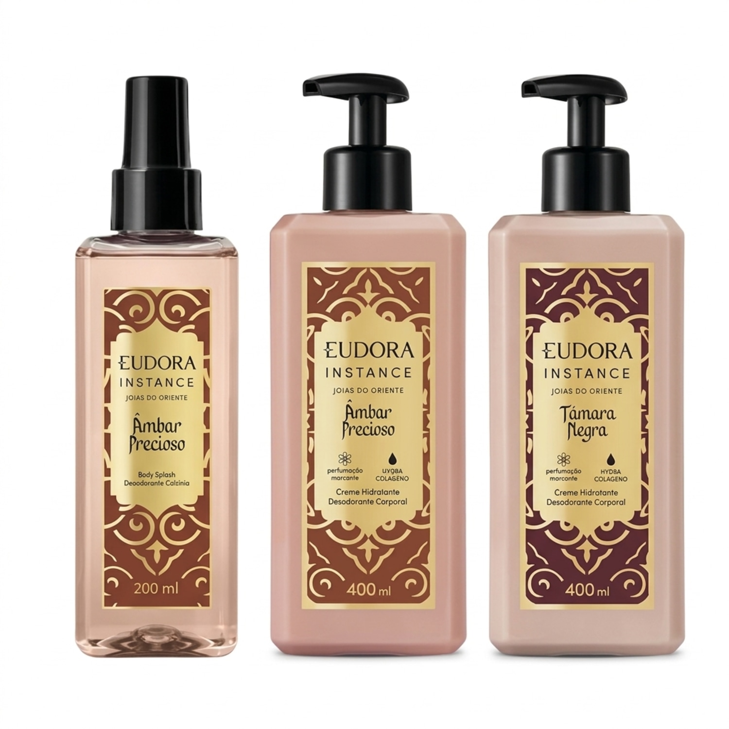 Combo Instance: Creme Hidratante Âmbar Precioso 400ml + Body Splash Âmbar Precioso 200ml + Creme Hidratante Tâmara Negra 400ml