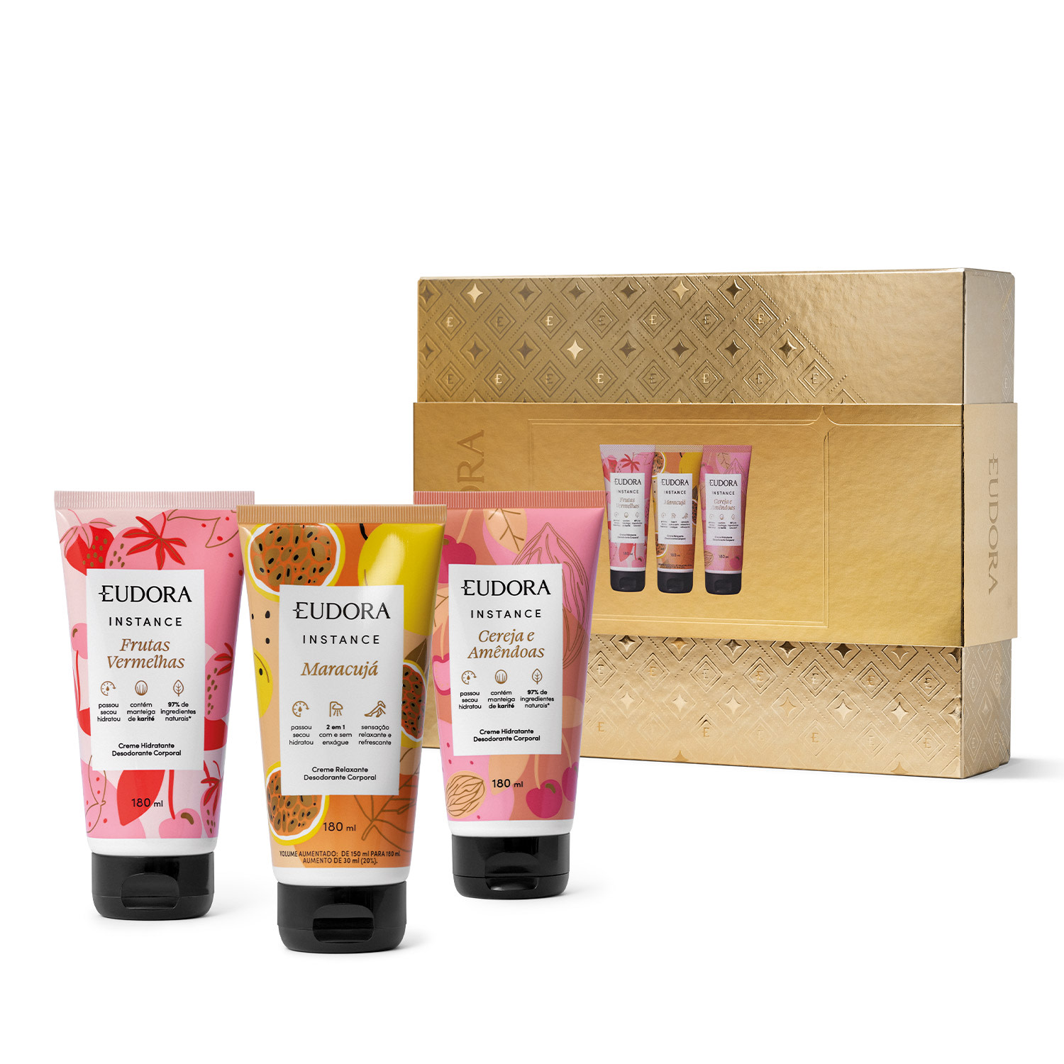 Kit Presente Instance Favoritos: Creme Hidratante Desodorante Frutas Vermelhas 180ml + Creme Relaxante Desodorante Maracujá 180ml + Creme Hidratante Desodorante Cereja e Amêndoas 180ml