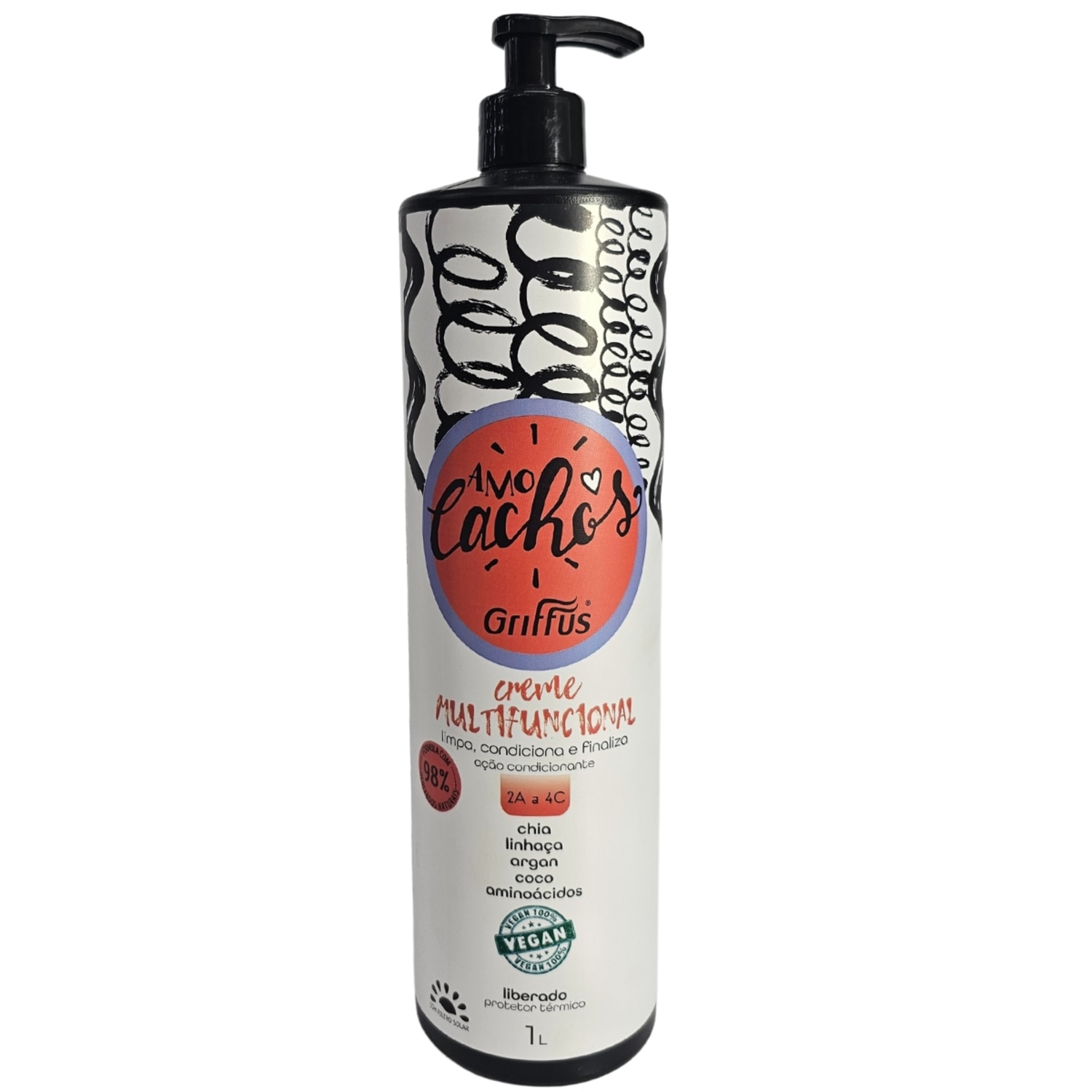Griffus Amo Cachos Creme Multifuncional Limpa, Condiciona e Finaliza 2A a 4C Vegano 1L