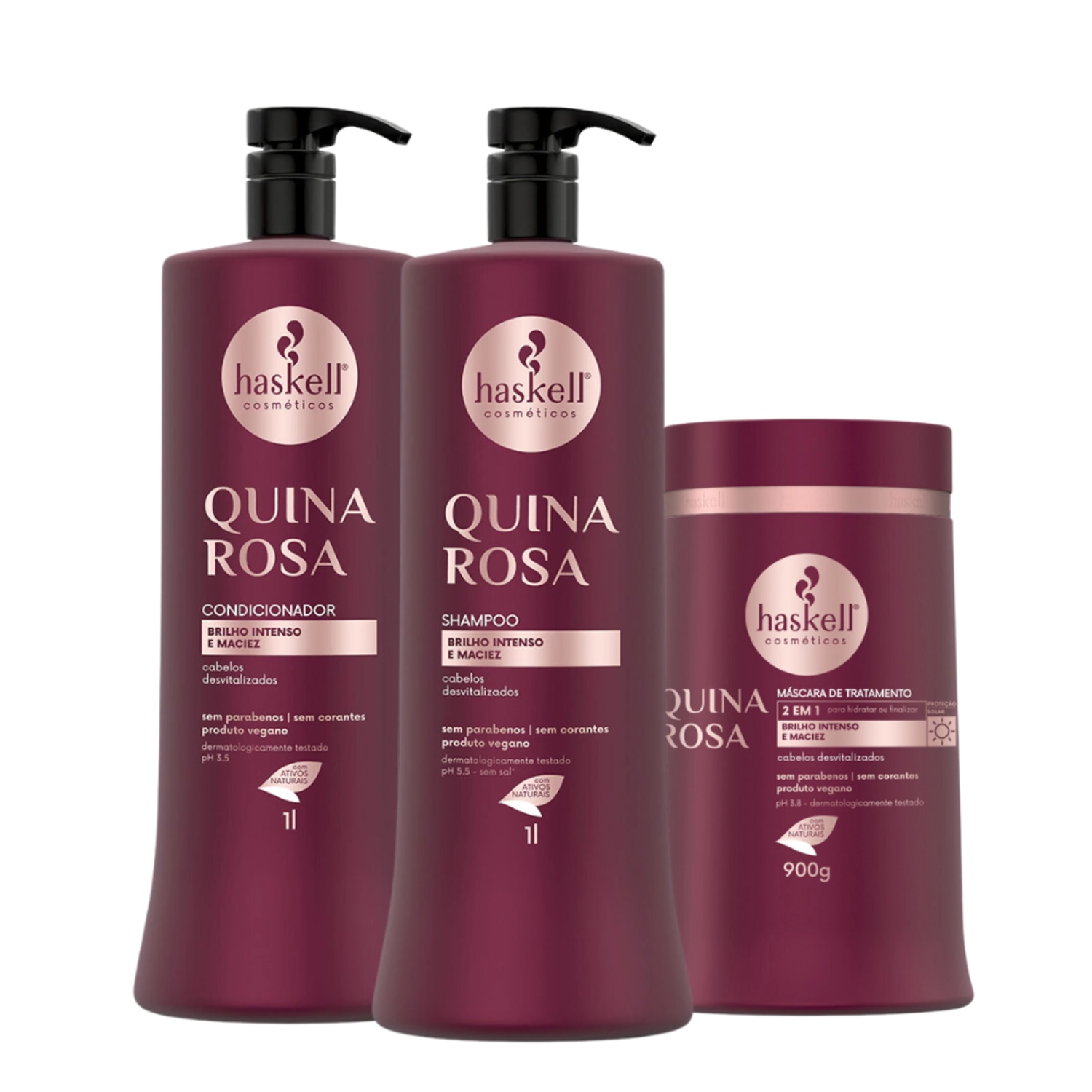 Kit Quina Rosa Haskell Shampoo, Condicionador e Máscara 900g/1L