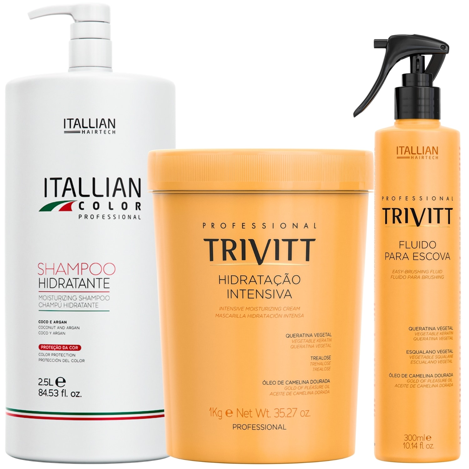 KIT SHAMPOO HIDRATANTE 2,5 HIDRATAÇÃO INTENSIVA 1KG E FLUIDO PARA ESCOVA TRIVITT 300ML
