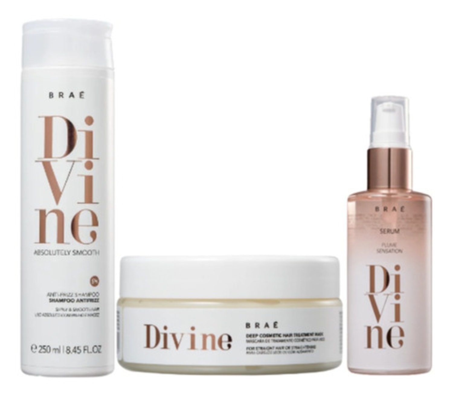kit Braé Divine Anti Frizz Shampoo + Máscara Hidratação 200g + Sérum 60ml