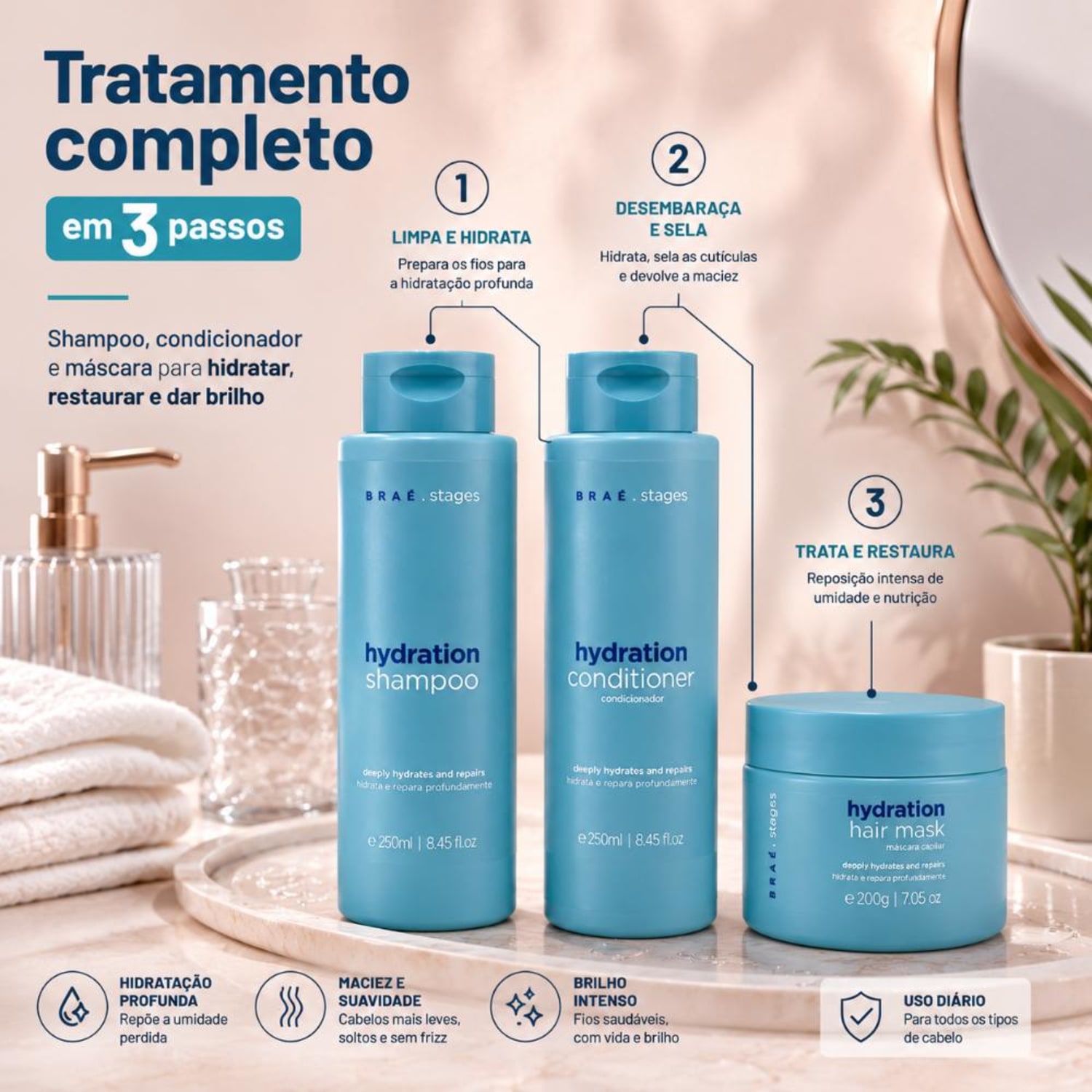 Kit Hidratação Braé Stages Shampoo + Condicionador + Máscara