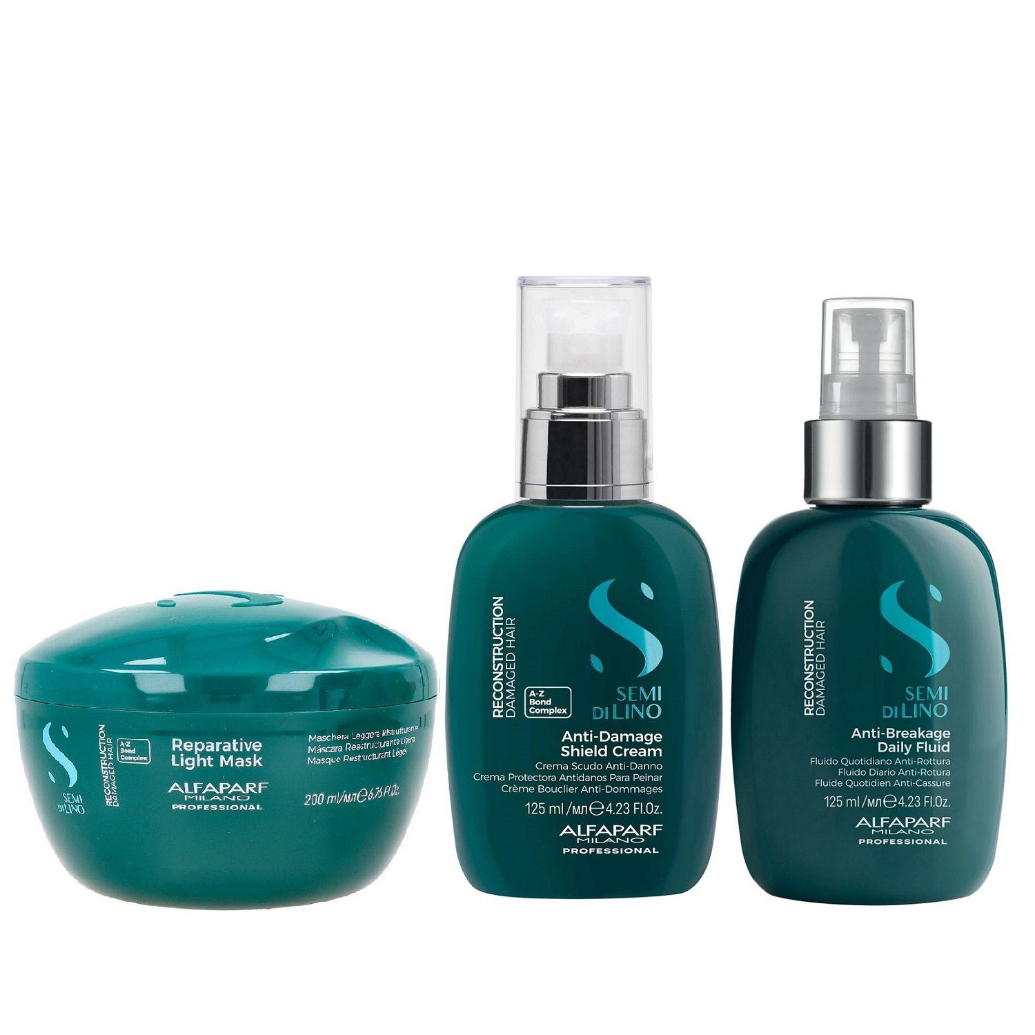 Kit Alfaparf Semi Di Lino Reconstruction - Máscara Suave 200ml + Creme 125ml + Fluído 125ml
