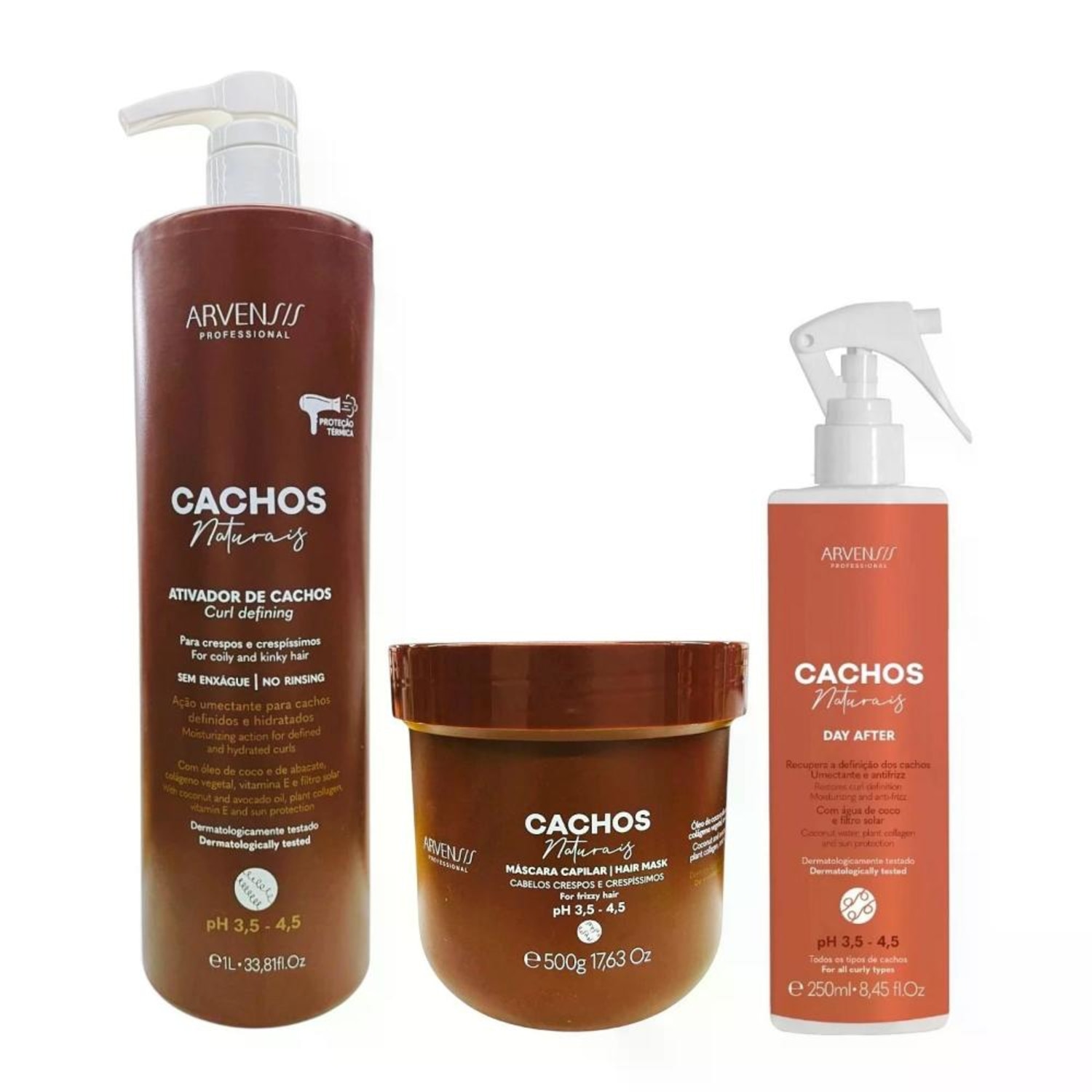 Kit Arvensis Professional Cachos Naturais - Ativador De Cachos Crespos 1L + Máscara Crespos 500g + Day After 250ml