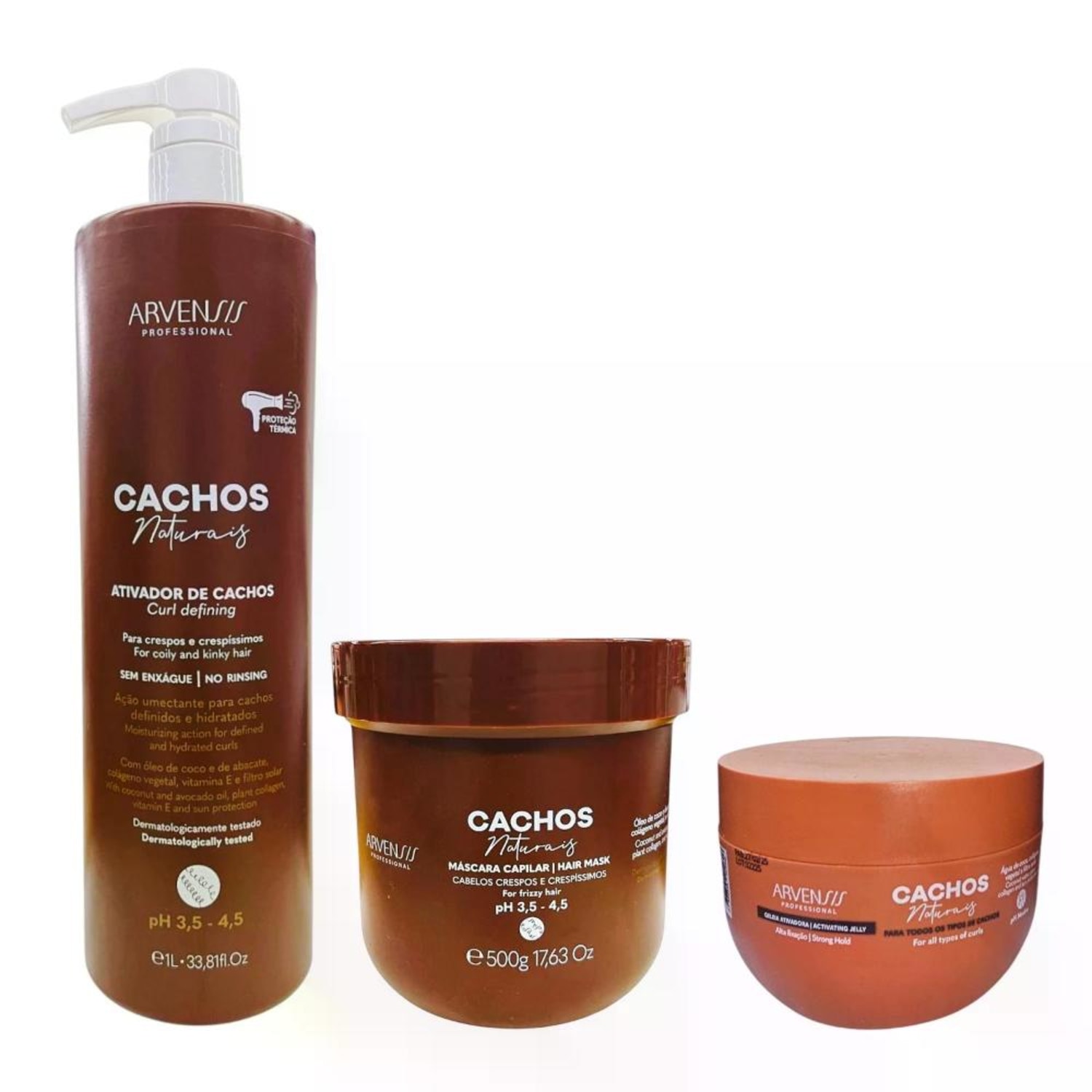 Kit Arvensis Cachos Naturais - Ativador De Cachos Crespos 1L + Máscara Crespos 500g + Geleia Alta Fixação 250g