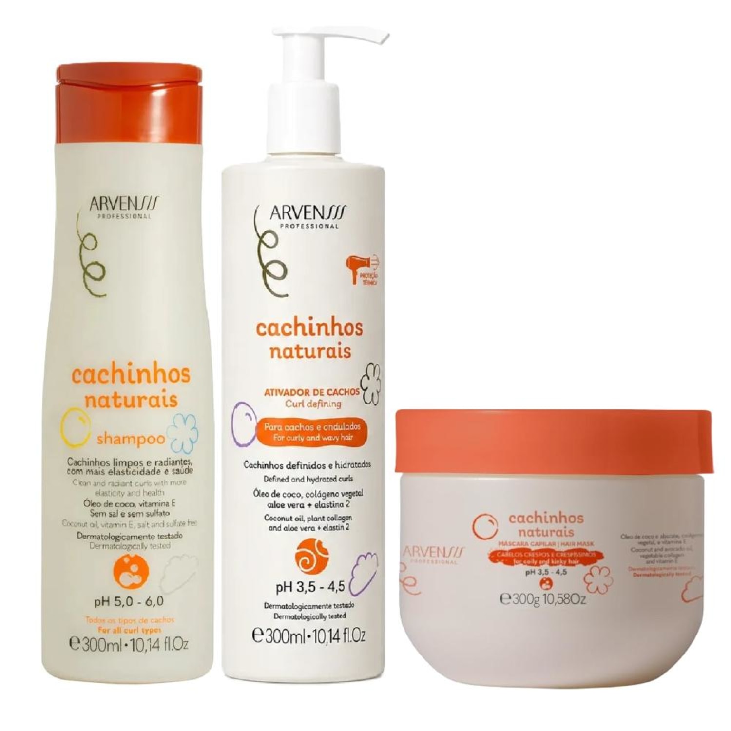 Kit Arvensis Cachinhos Naturais - Shampoo 300ml + Ativador Ondulados 300ml + Máscara Crespos 300g