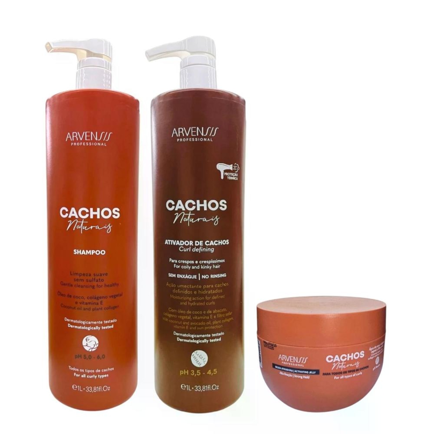 Kit Arvensis Professional Cachos Naturais - Shampoo 1L + Ativador De Cachos Crespos 1L + Geleia Alta Fixação 250ml