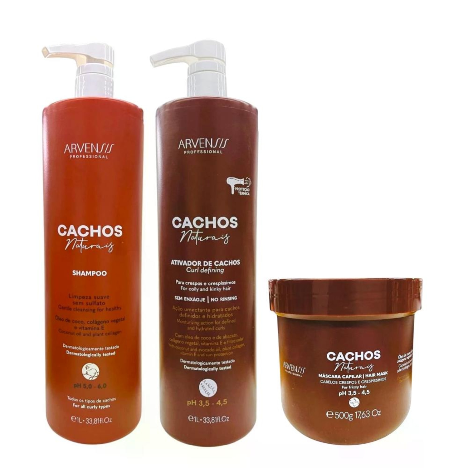 Kit Arvensis Cachos - Shampoo 1L + Ativador De Cachos Crespos 1L + Máscara Crespos 500g