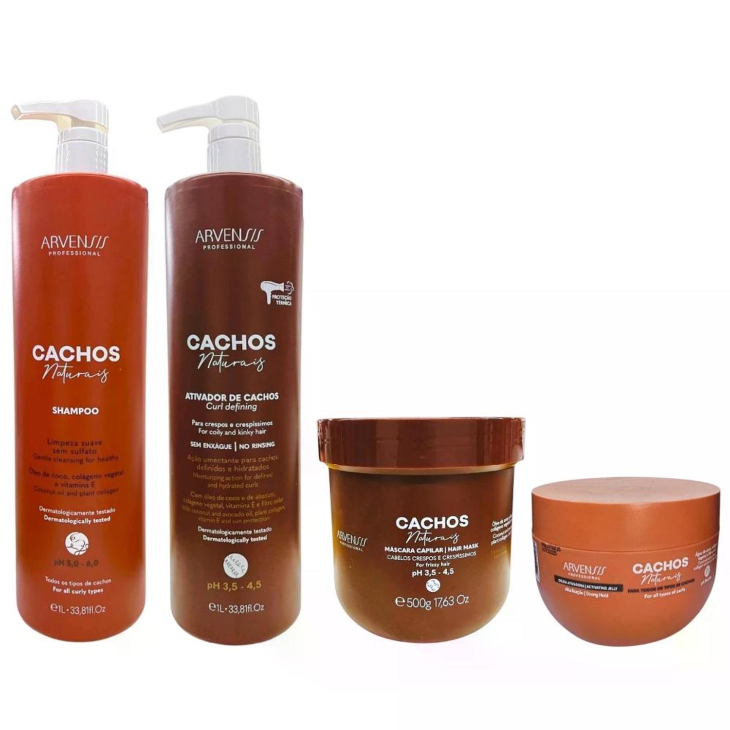Kit Arvensis Cachos - Shampoo 1L + Ativador De Cachos Crespos 1L + Máscara Crespos 500g + Geleia Alta Fixação 250g