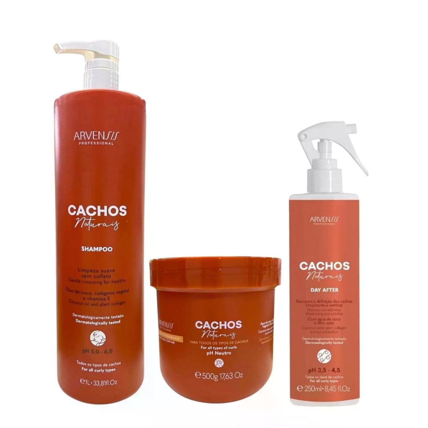 Kit Arvensis Professional Cachos Naturais - Shampoo 1L + Geleia Ativadora 500g + Day After 250ml