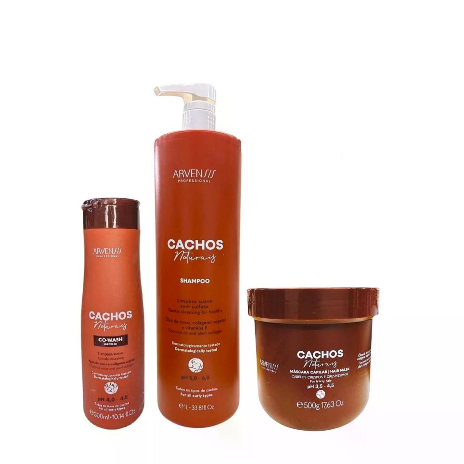 Kit Arvensis Professional Cachos Naturais - Shampoo 1L + Máscara Crespos 500g + Co-Wash 300ml