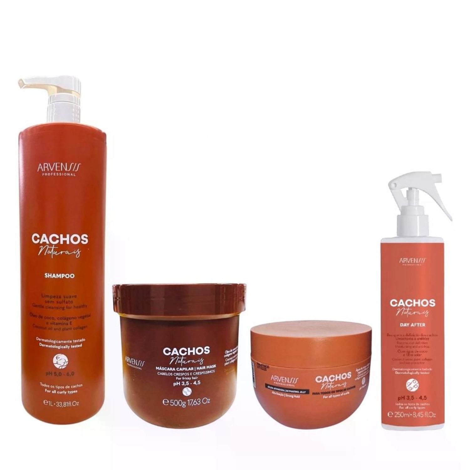 Kit Arvensis Cachos Naturais - Shampoo 1L + Máscara Crespos 500g + Geleia Alta Fixação 250g + Day After 250ml