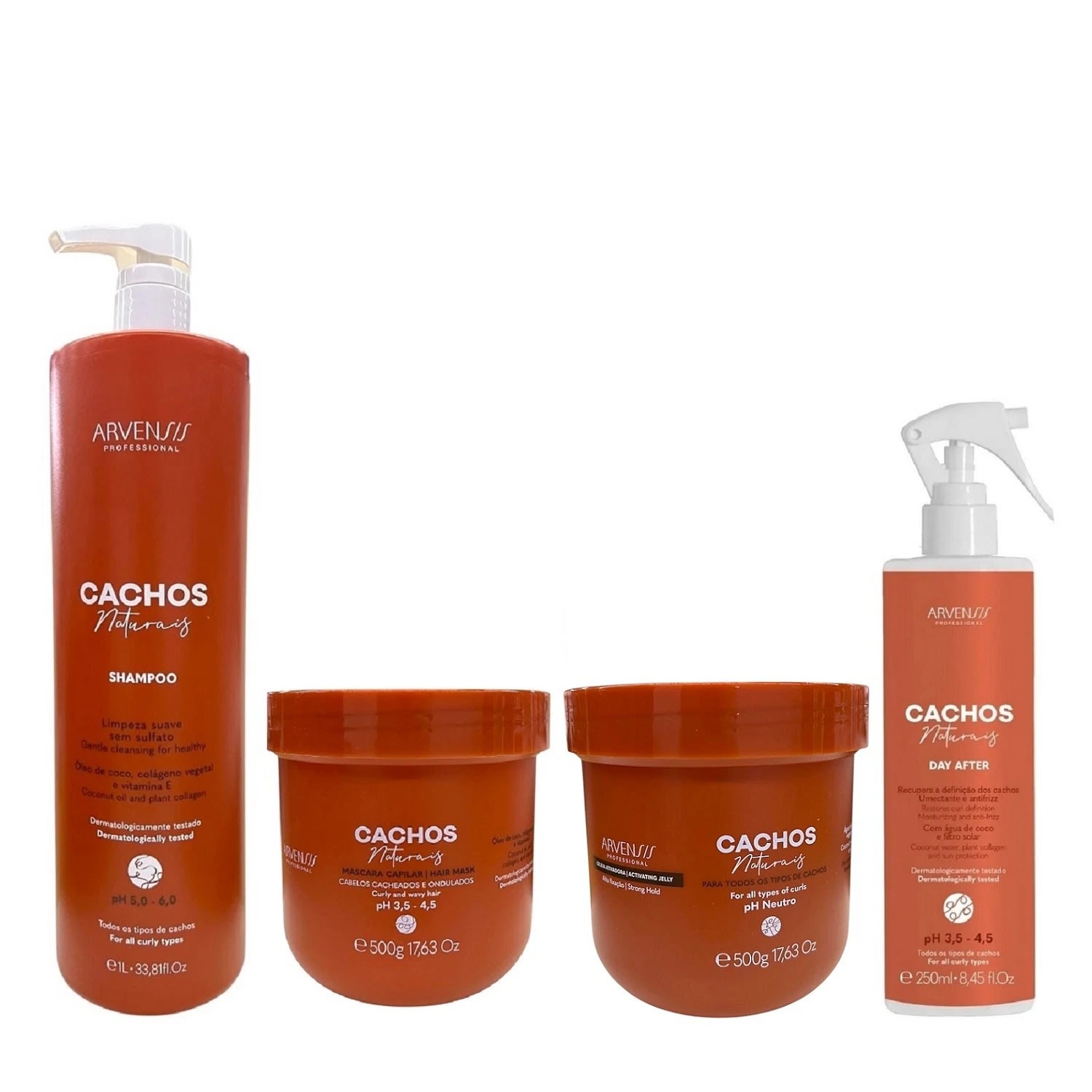Kit Arvensis Professional Cachos Naturais - Shampoo 1L + Máscara 500g + Geleia Alta Fixação 500g + Day After 250ml