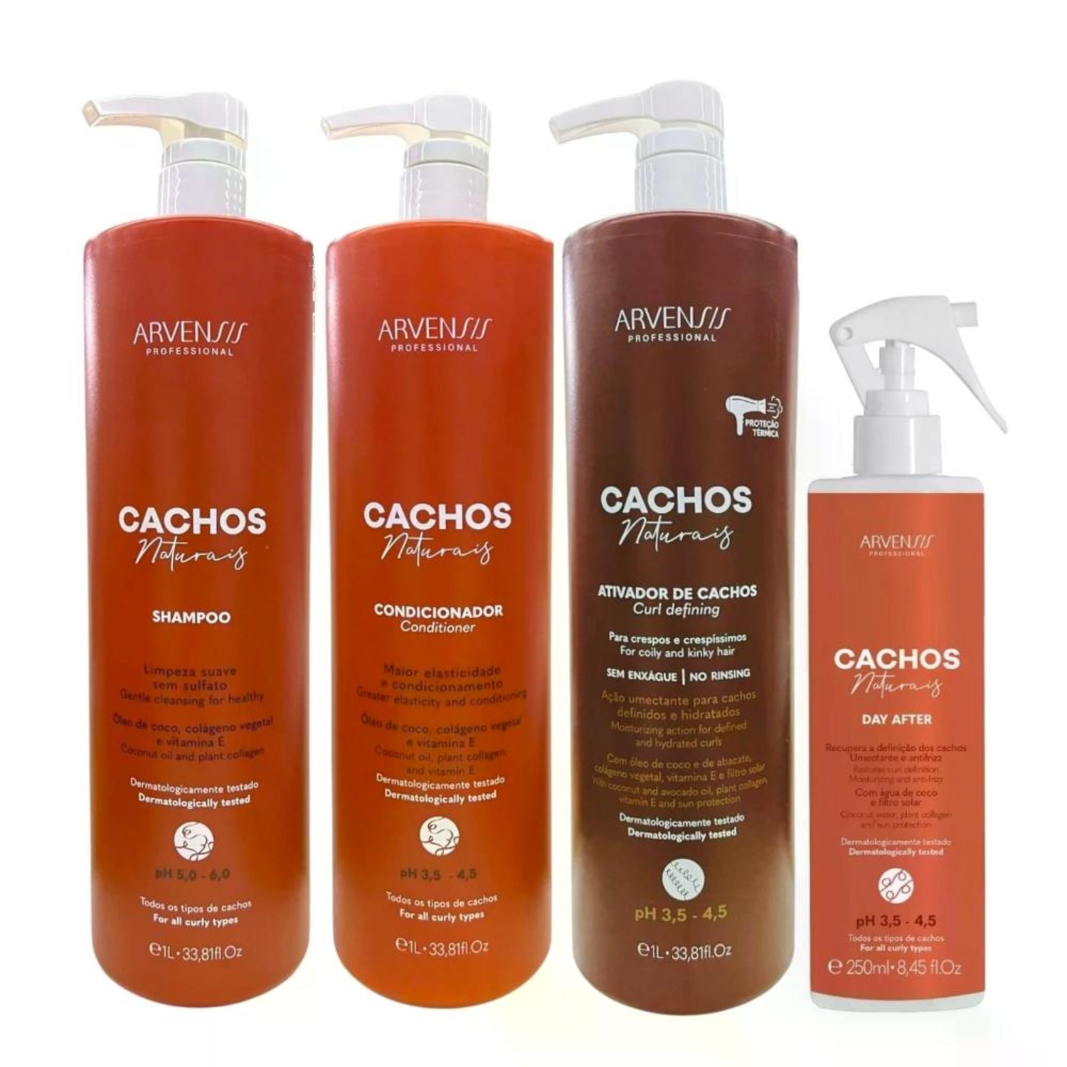 Kit Arvensis Cachos Naturais - Shampoo 1L + Condicionador 1L + Ativador De Cachos Crespos 1L + Day After 250ml