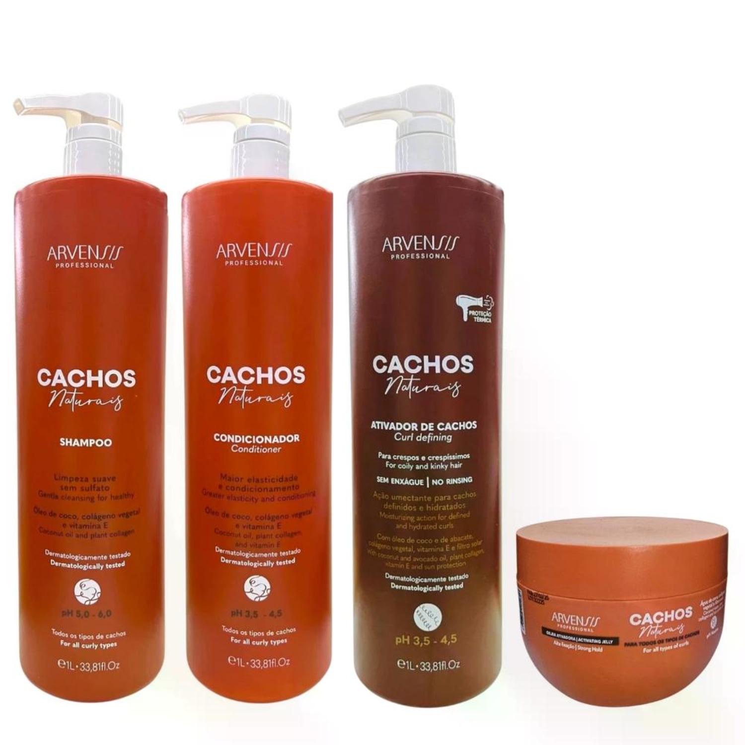 Kit Arvensis Cachos Naturais - Shampoo 1L + Condicionador 1L + Ativador De Cachos Crespos 1L + Geleia Alta Fixação 250g