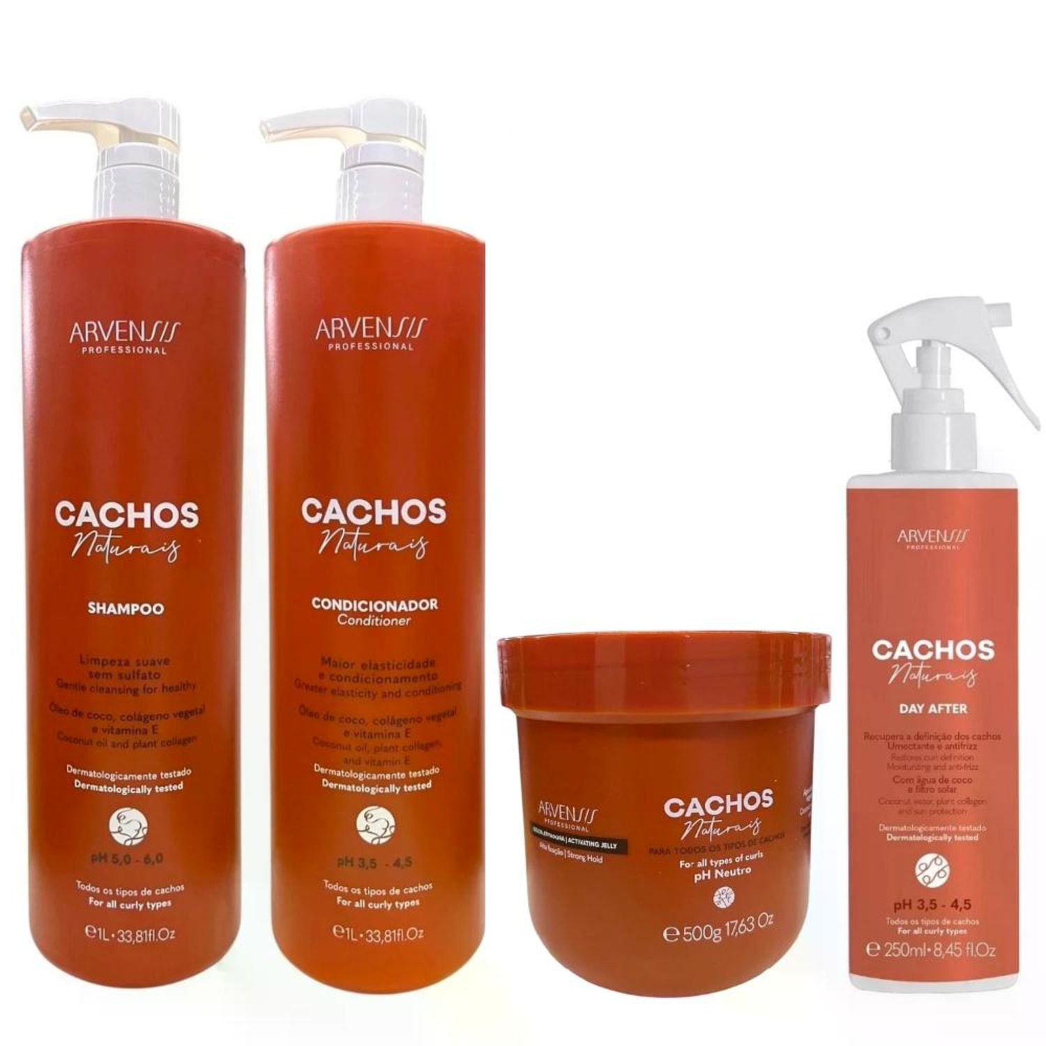 Kit Arvensis Professional Cachos Naturais - Shampoo 1L + Condicionador 1L + Geleia Alta Fixação 500g + Day After 250ml