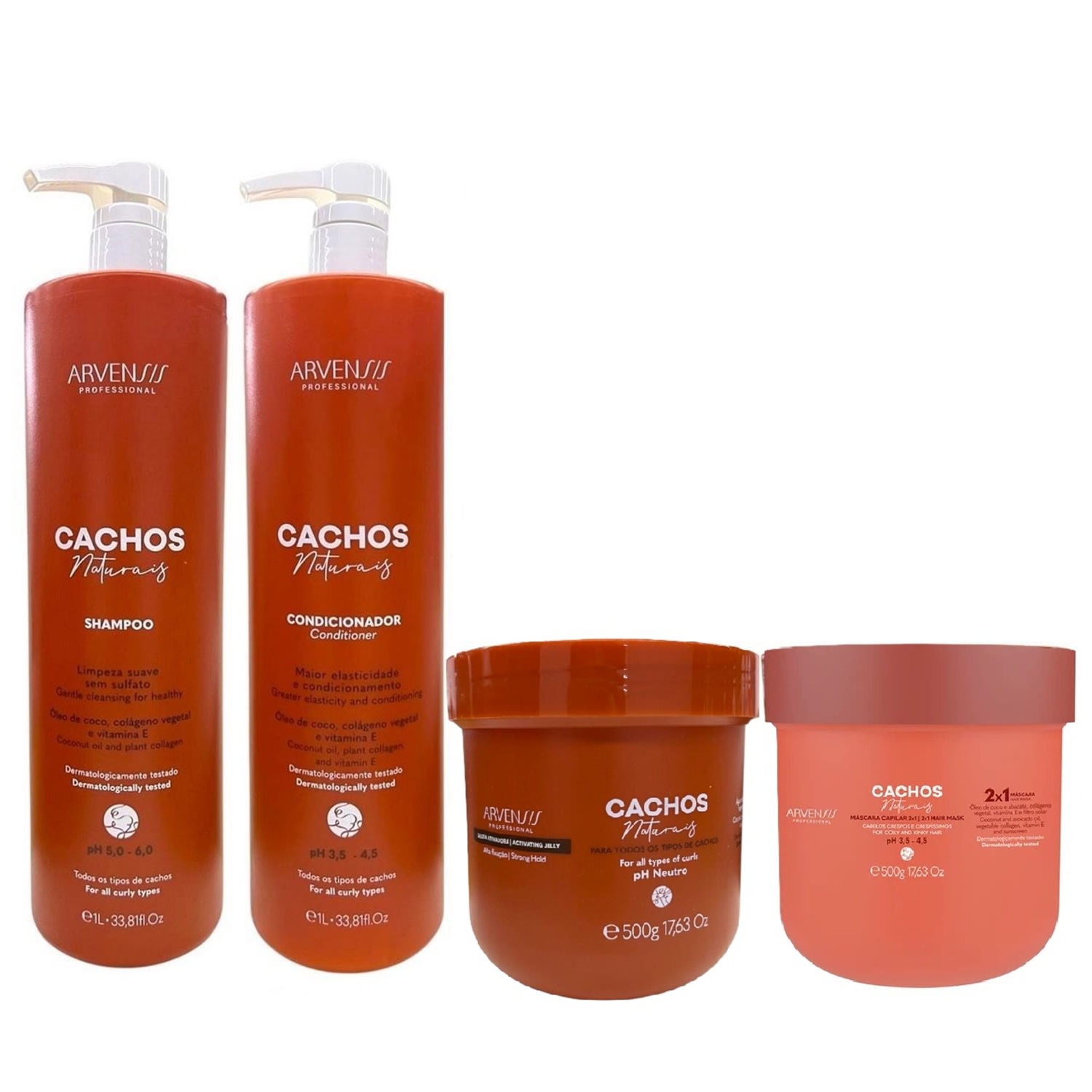 Kit Arvensis Cachos Naturais - Shampoo 1L + Condicionador 1L + Gelatina Alta Fixação 500g + Máscara Capilar 2x1 500g
