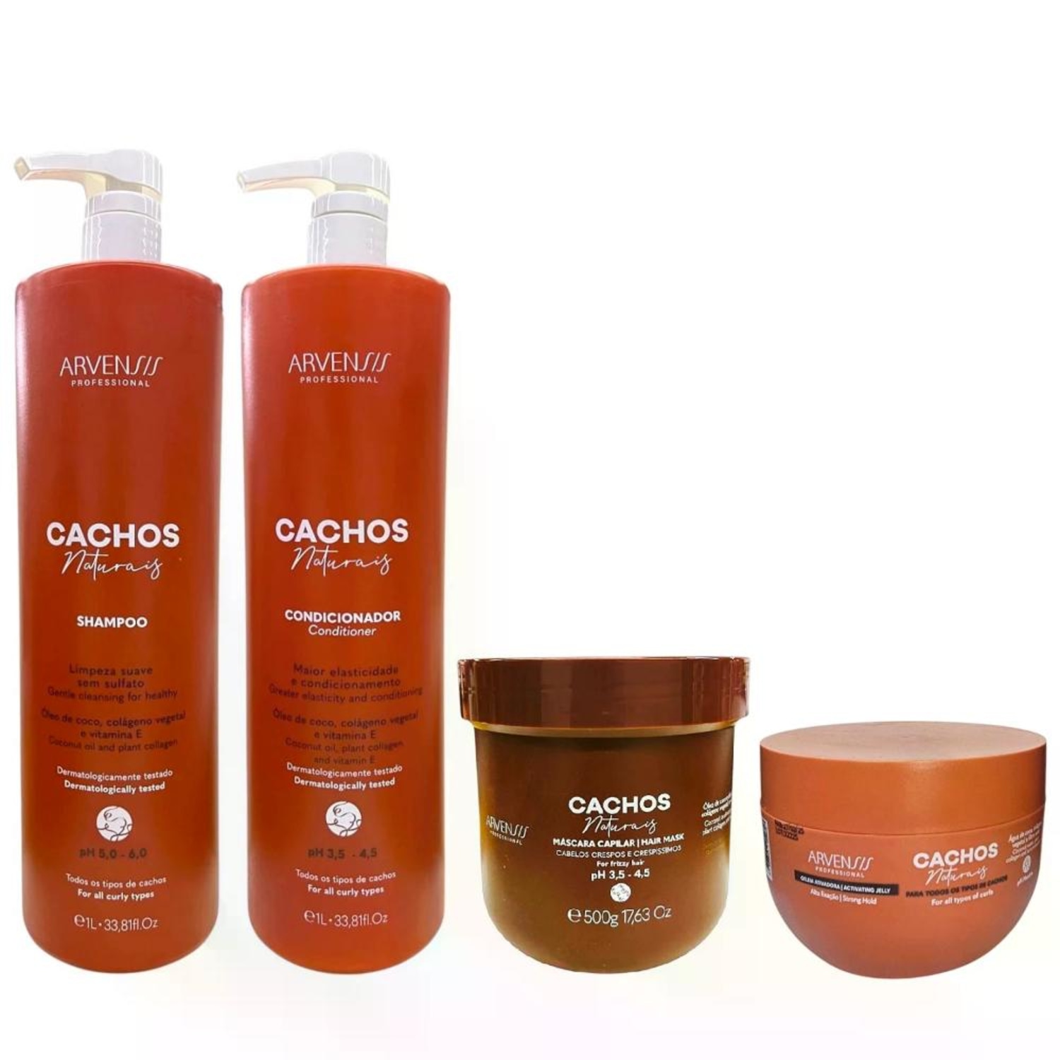 Kit Arvensis Cachos Naturais - Shampoo 1L + Condicionador 1L + Máscara Crespos 500g + Geleia Alta Fixação 250g