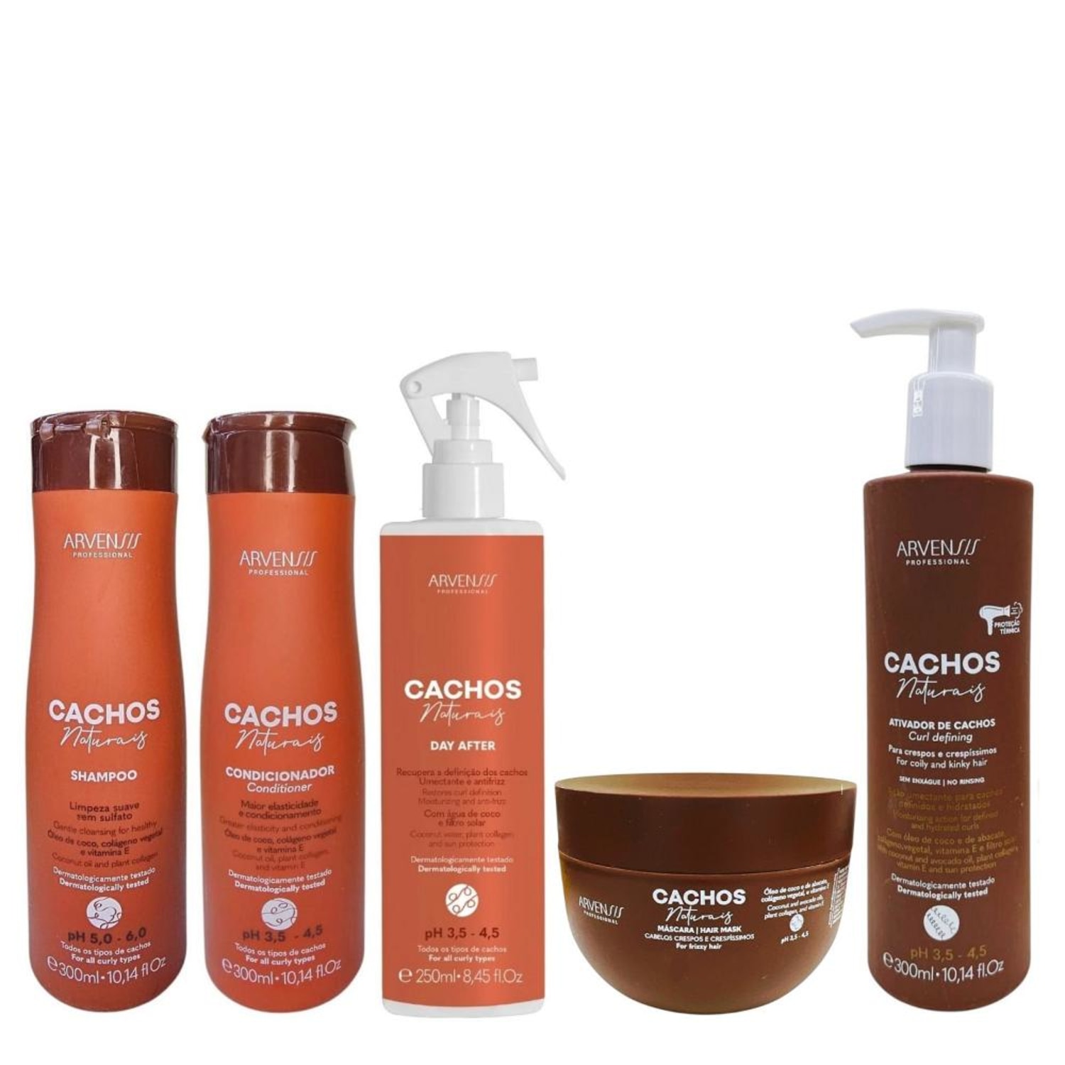Kit Arvensis Cachos - Shampoo 300ml + Condicionador 300ml + Day After + Ativador Crespos 300mll + Máscara Crespos 250g