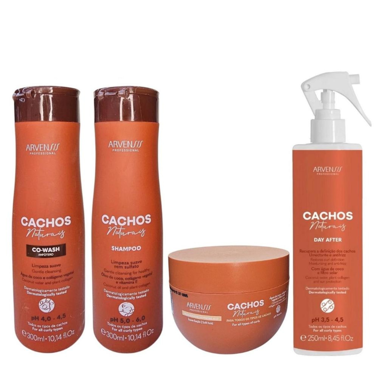 Kit Arvensis Cachos Naturais - Shampoo 300ml + Co-Wash 300ml + Day After 250ml + Geleia Ativadora 250g
