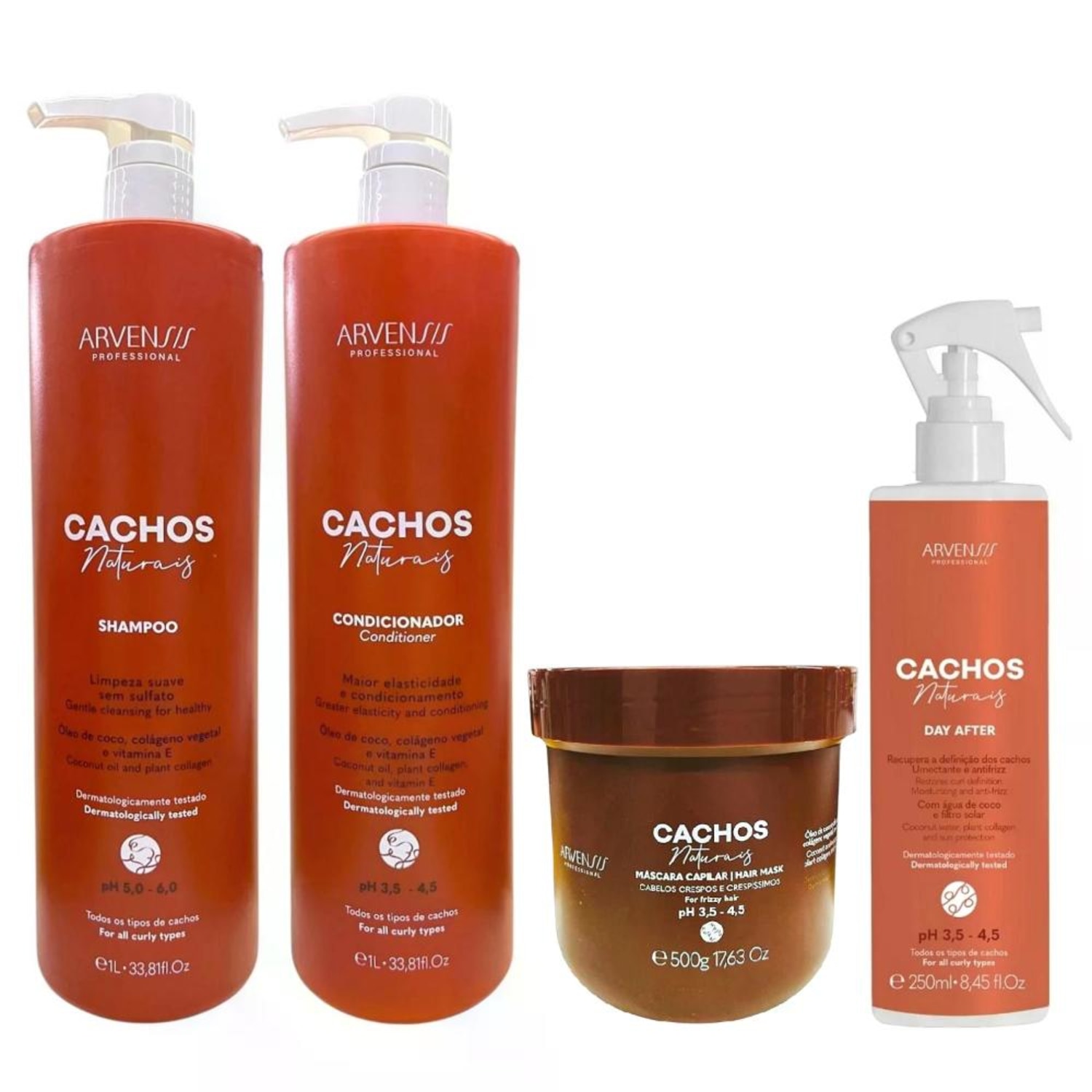 Kit Arvensis Professional Cachos Naturais - Shampoo 1L + Condicionador 1L + Máscara Crespos 500g + Day After 250ml