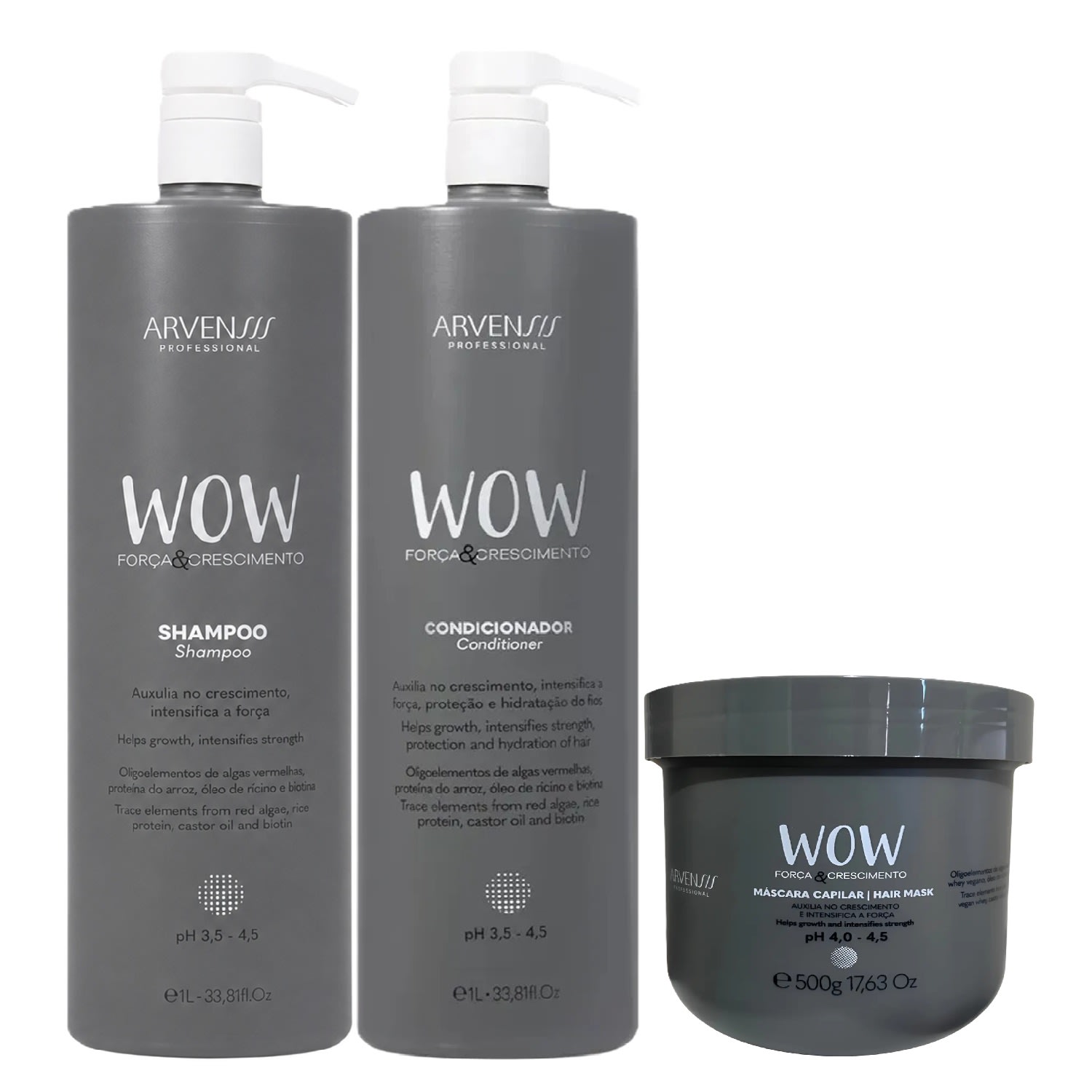 Kit Arvensis WOW Força e Crescimento - Shampoo 1L & Condicionador 1L & Máscara 500g