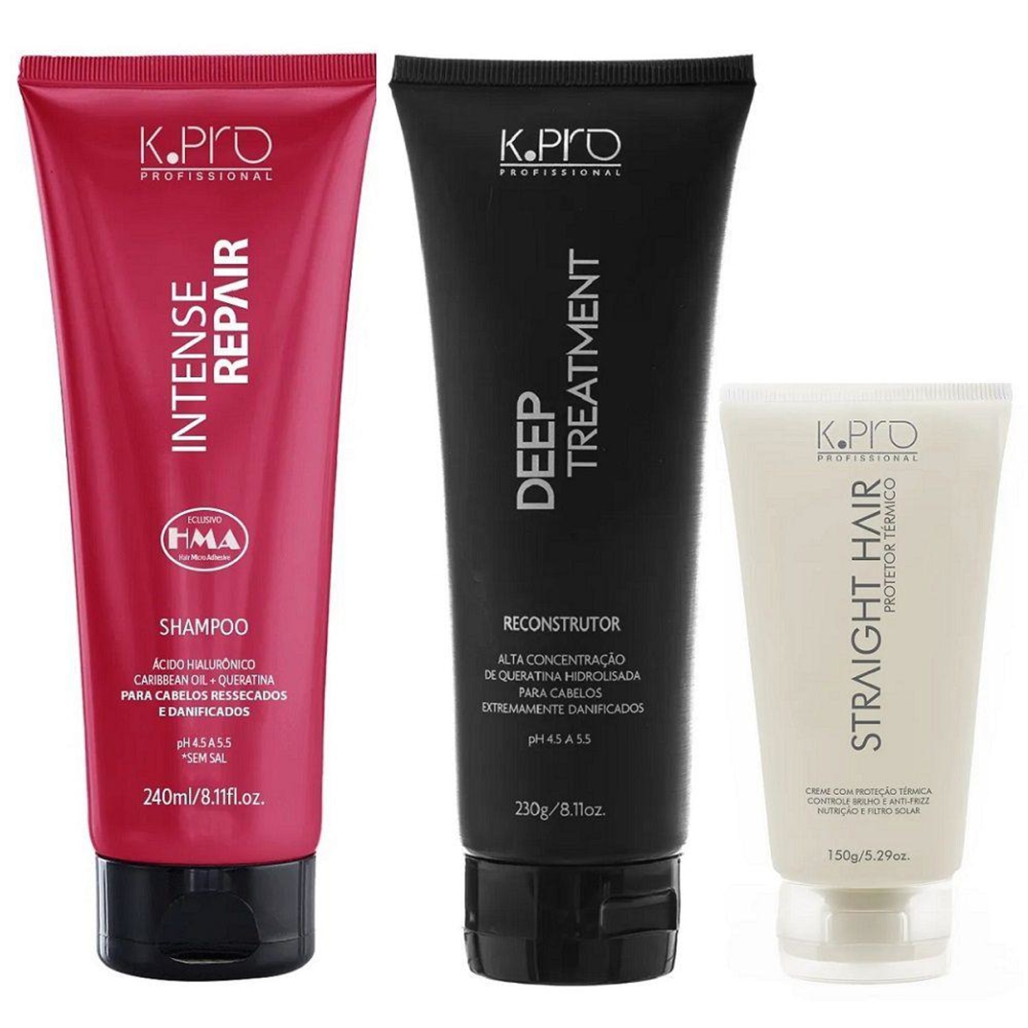 Kit K.Pro Intense Repair - Shampoo 240ml + Reconstrutor 230g + Straight Hair 150ml