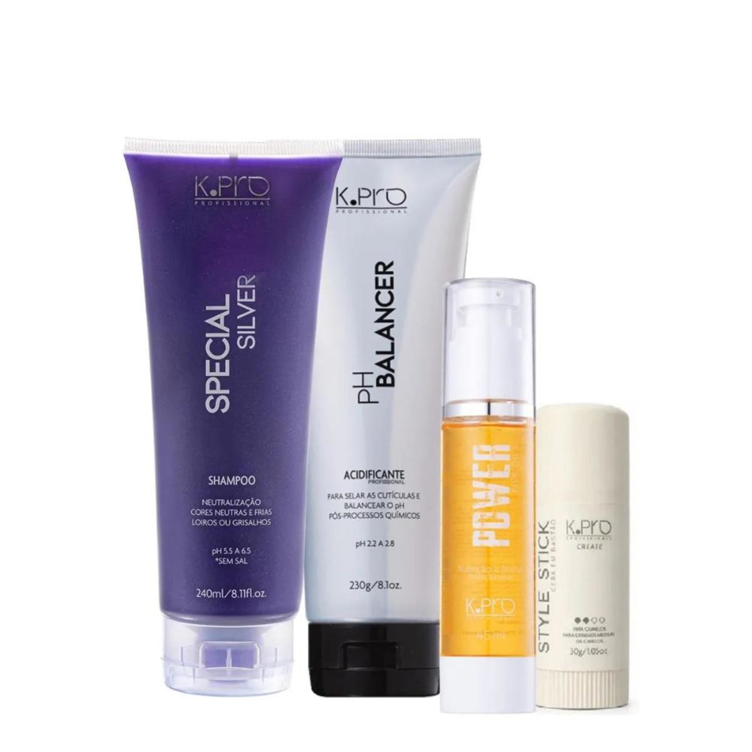Kit K.Pro - Special Silver Shampoo 240ml + pH Acidificante 230g + Power Five Oil 45ml + Style Stick 30g
