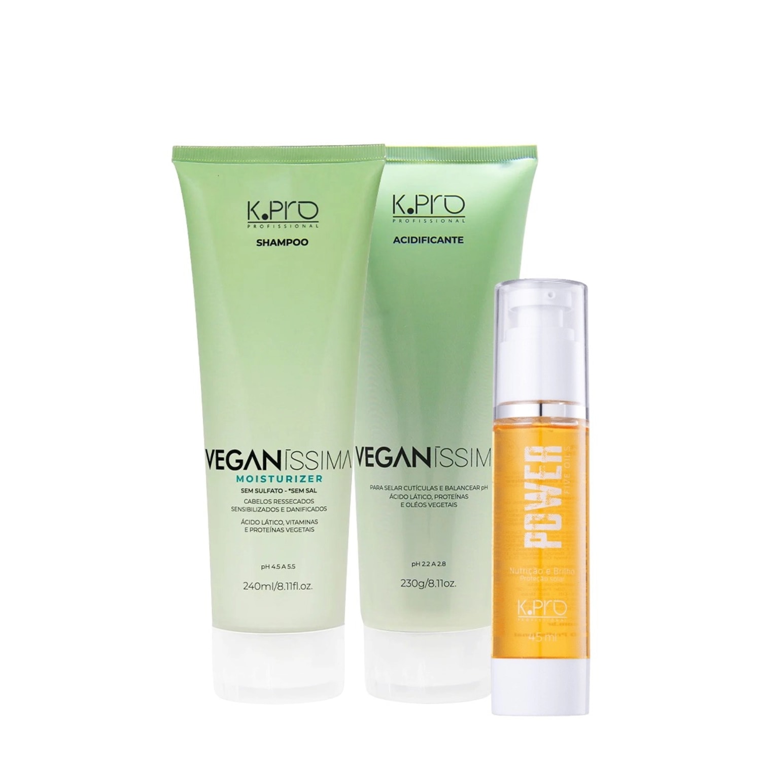 Kit K.Pro Veganíssima - Shampoo Moisturizer 240ml + Acidificante 230g + Power Five Oil 45ml