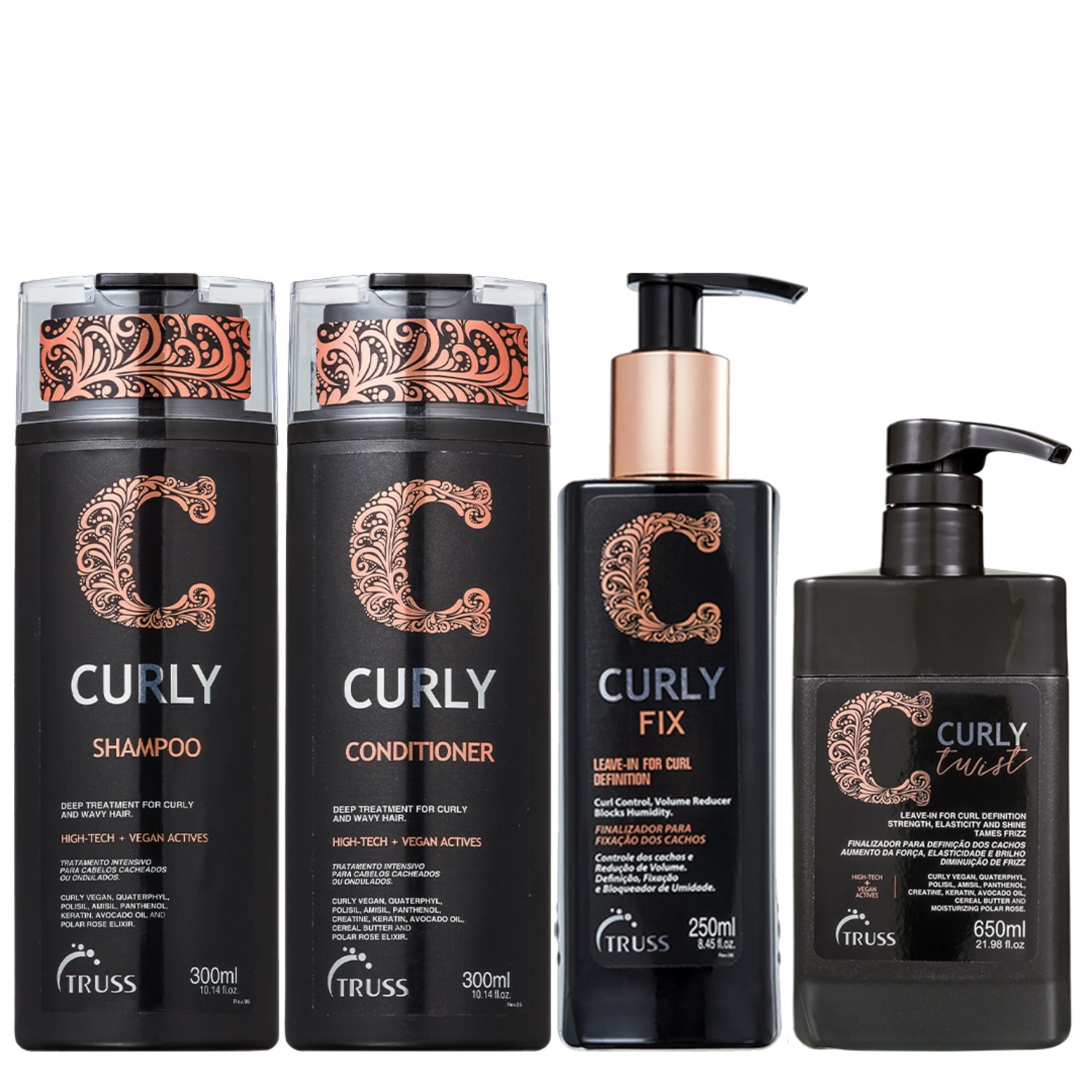 Truss Curly Kit Shampoo Condicionador Fix Ativador de Cachos e Twist Leave-in 650ml