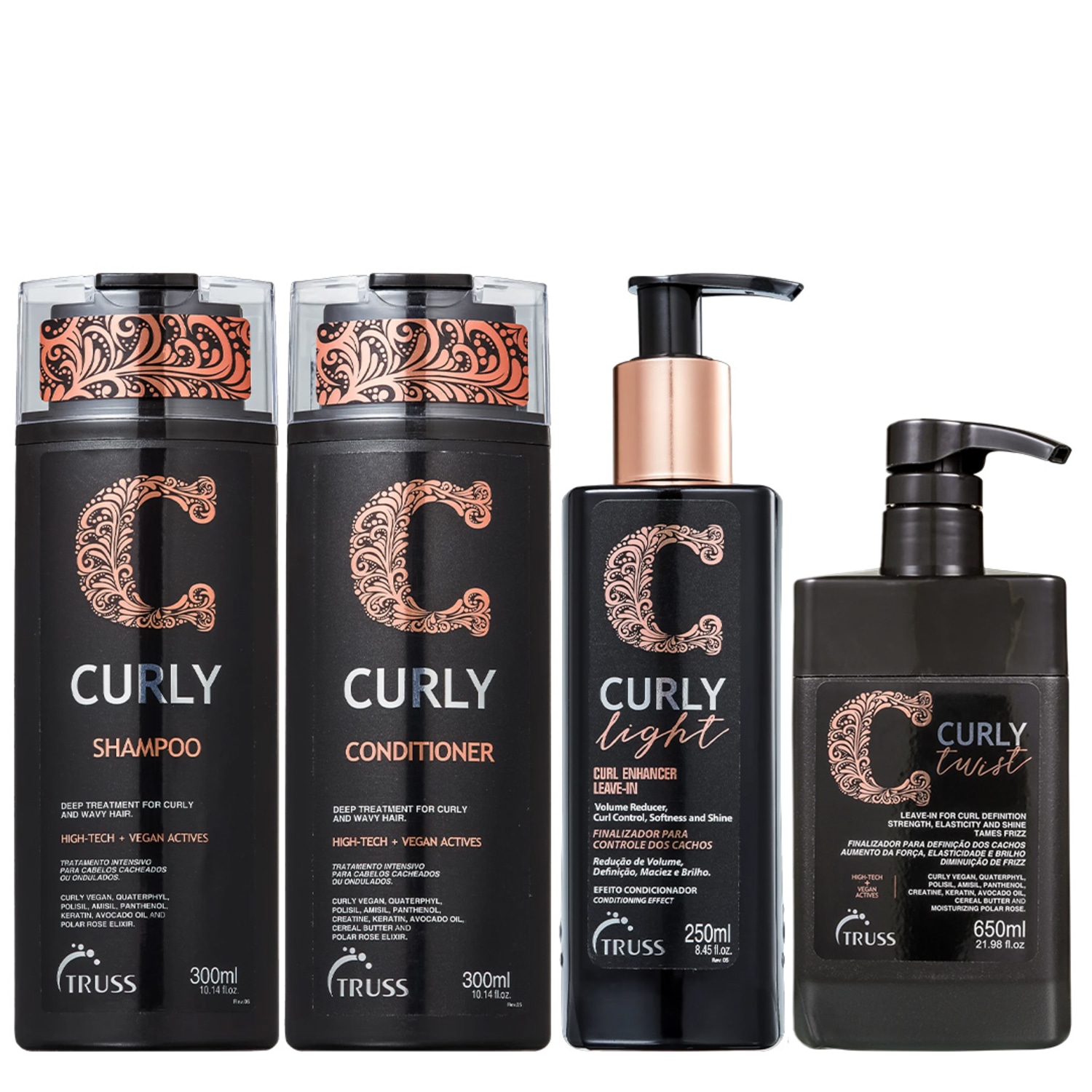 Truss Curly Kit Shampoo Condicionador Light Ativador de Cachos e Twist Leave-in 650ml