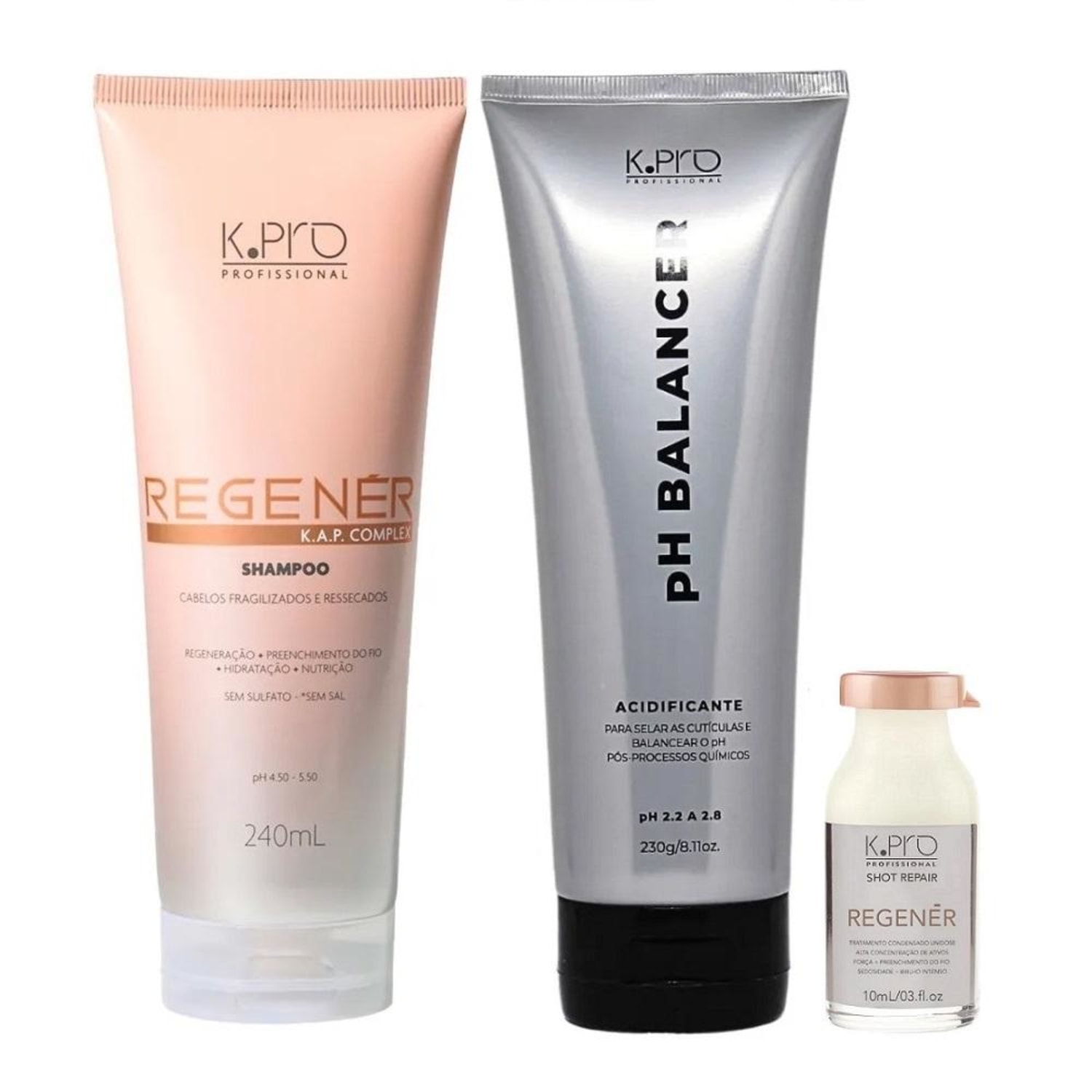 Kit K.Pro Regenér Shampoo 240ml + Ampola 10ml + pH Balancer Acidificante 230g