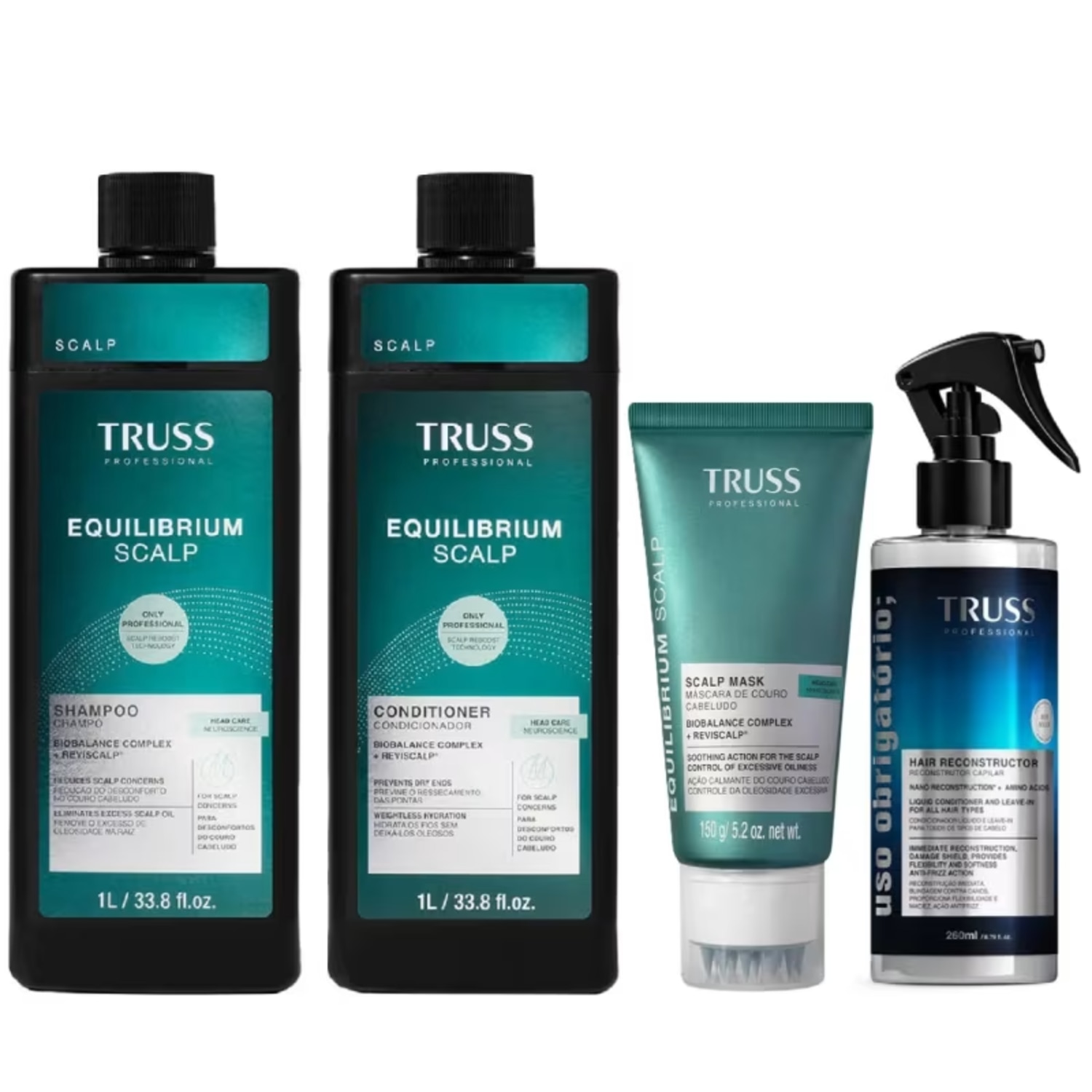 Kit Truss Equilibrium Scalp - Shampoo 1L + Condicionador 1L + Máscara 150g + Uso Obr. Reconstrutor Capilar 260ml