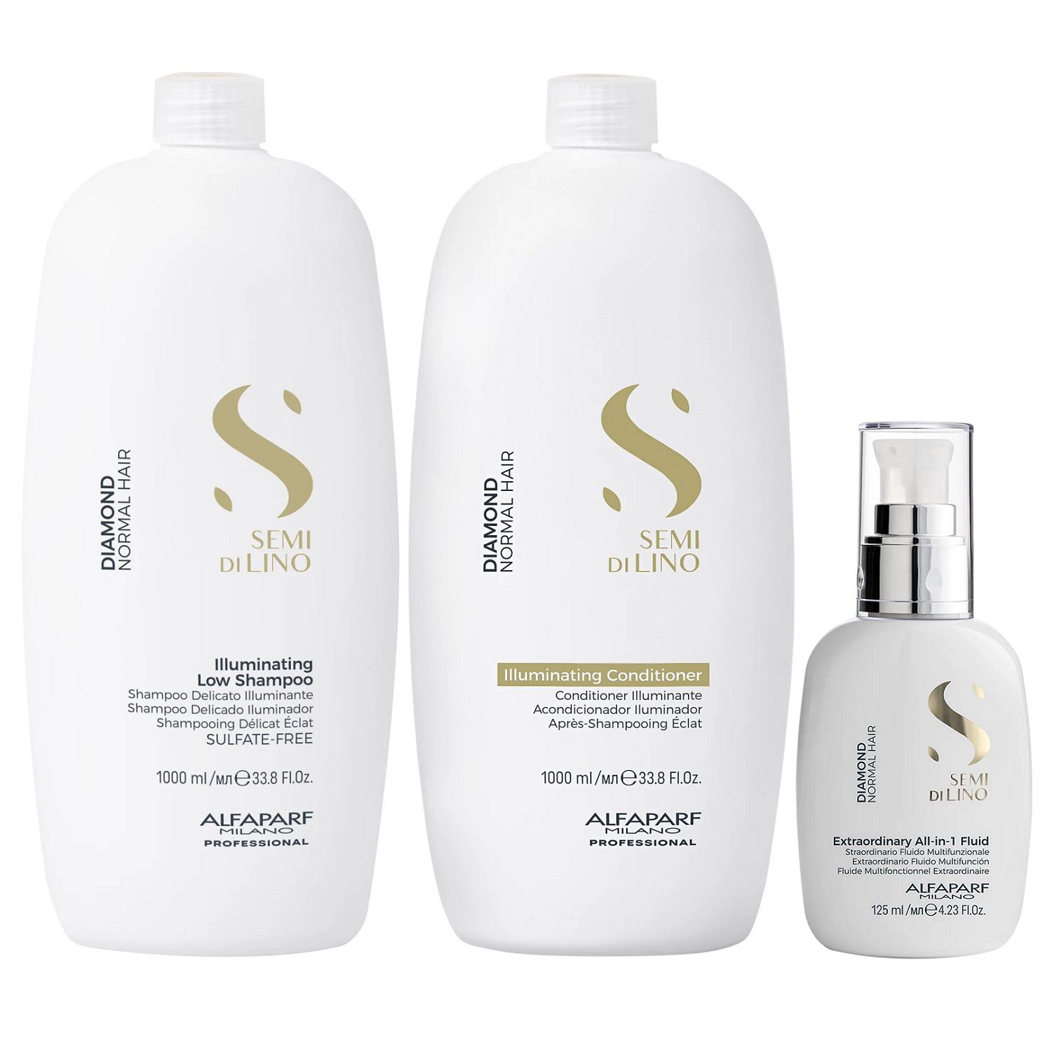 Kit Alfaparf Semi Di Lino Diamond - Shampoo 1L + Condicionador 1L + Fluído 125ml