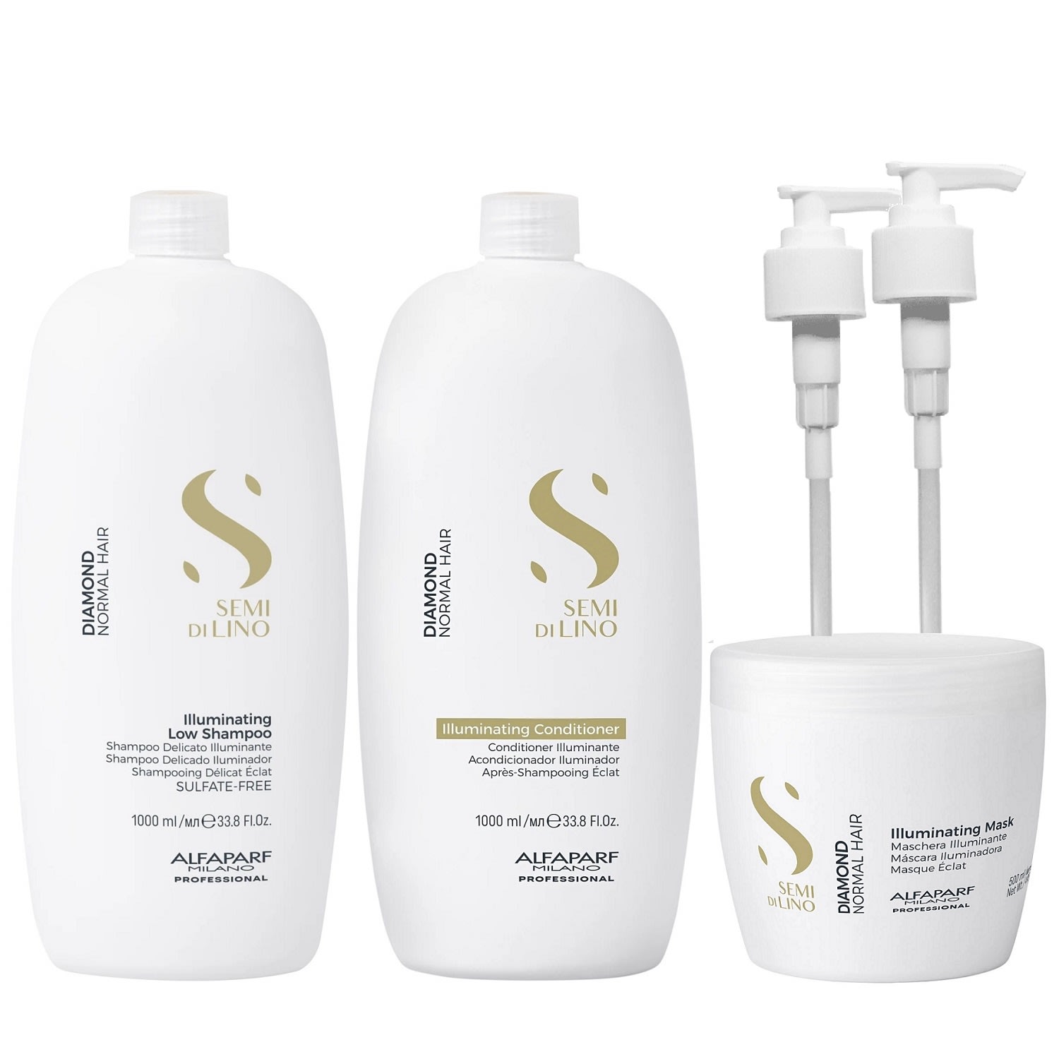 Kit Alfaparf Semi Di Lino Diamond - Shampoo 1L + Condicionador 1L + Máscara 500ml + Válvula Pump