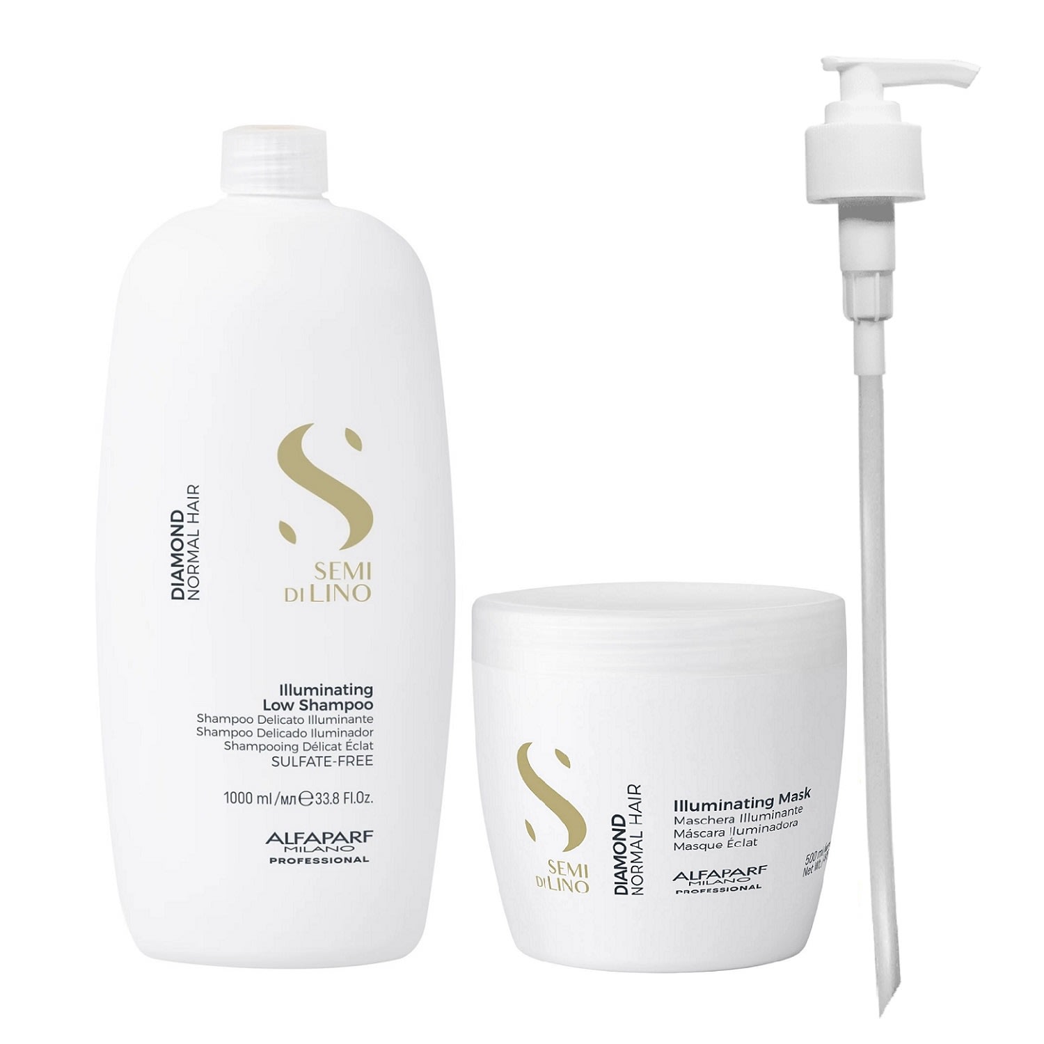 Kit Alfaparf Semi Di Lino Diamond - Shampoo 1L + Máscara 500ml + Válvula Pump