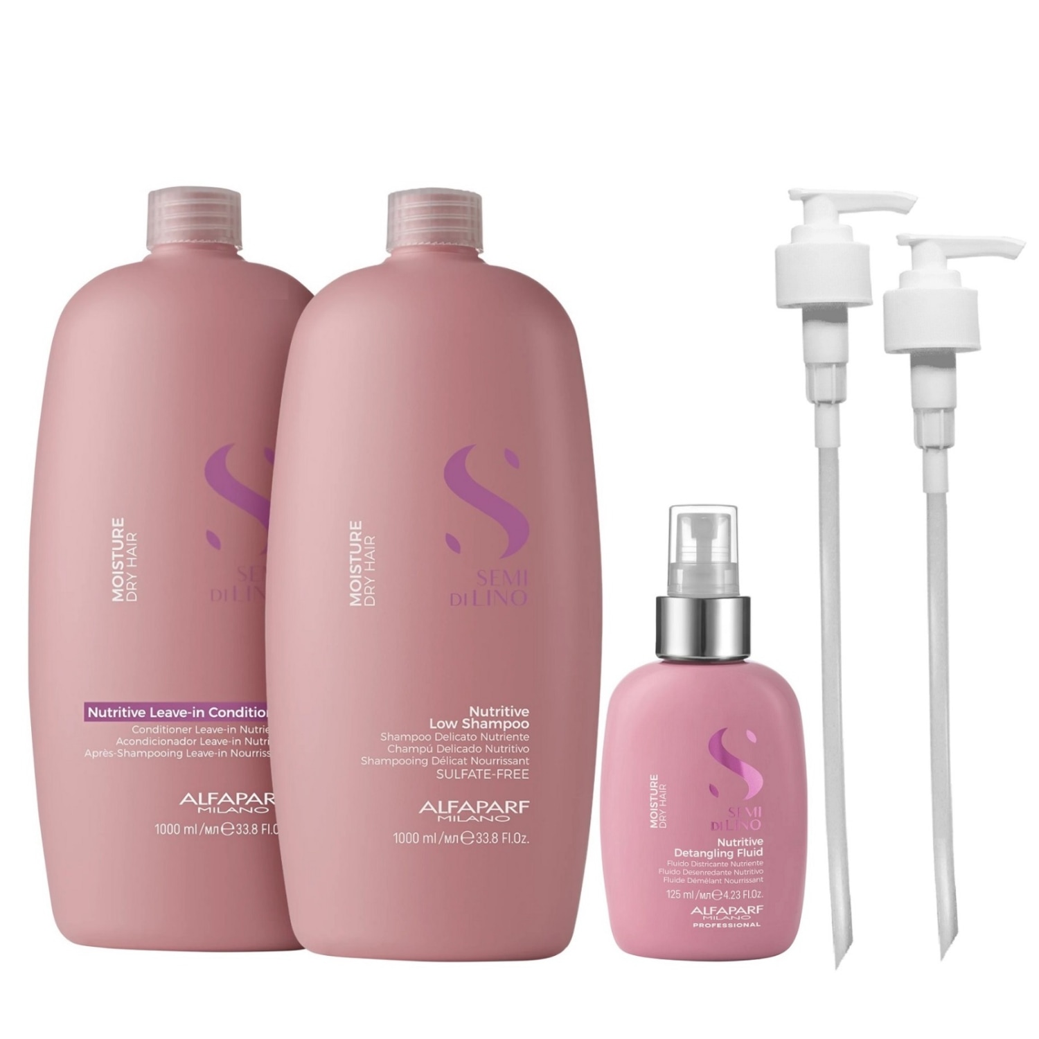 Kit Alfaparf Semi Di Lino Moisture - Shampoo 1L + Leave in Condicionador 1L + Fluído 125ml + Válvula Pump