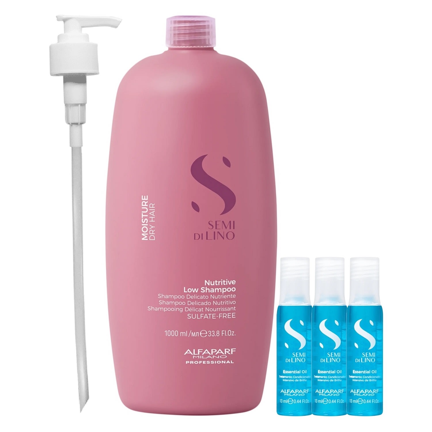 Kit Alfaparf Semi Di Lino Moisture - Shampoo 1L + 3x Ampola 13ml + Válvula Pump