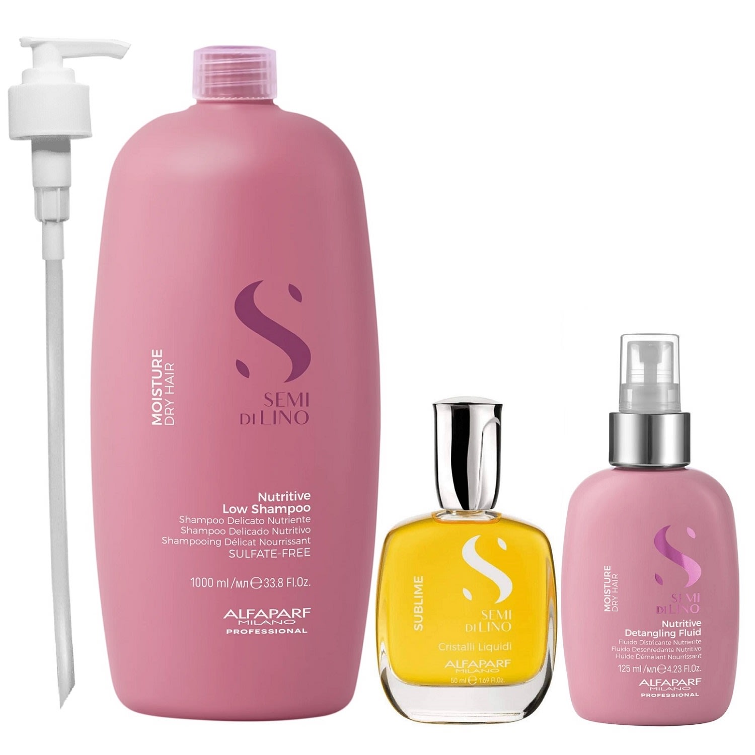 Kit Alfaparf Semi Di Lino Moisture - Shampoo 1L + Fluído 125ml + Cristalli 50ml + Válvula Pump