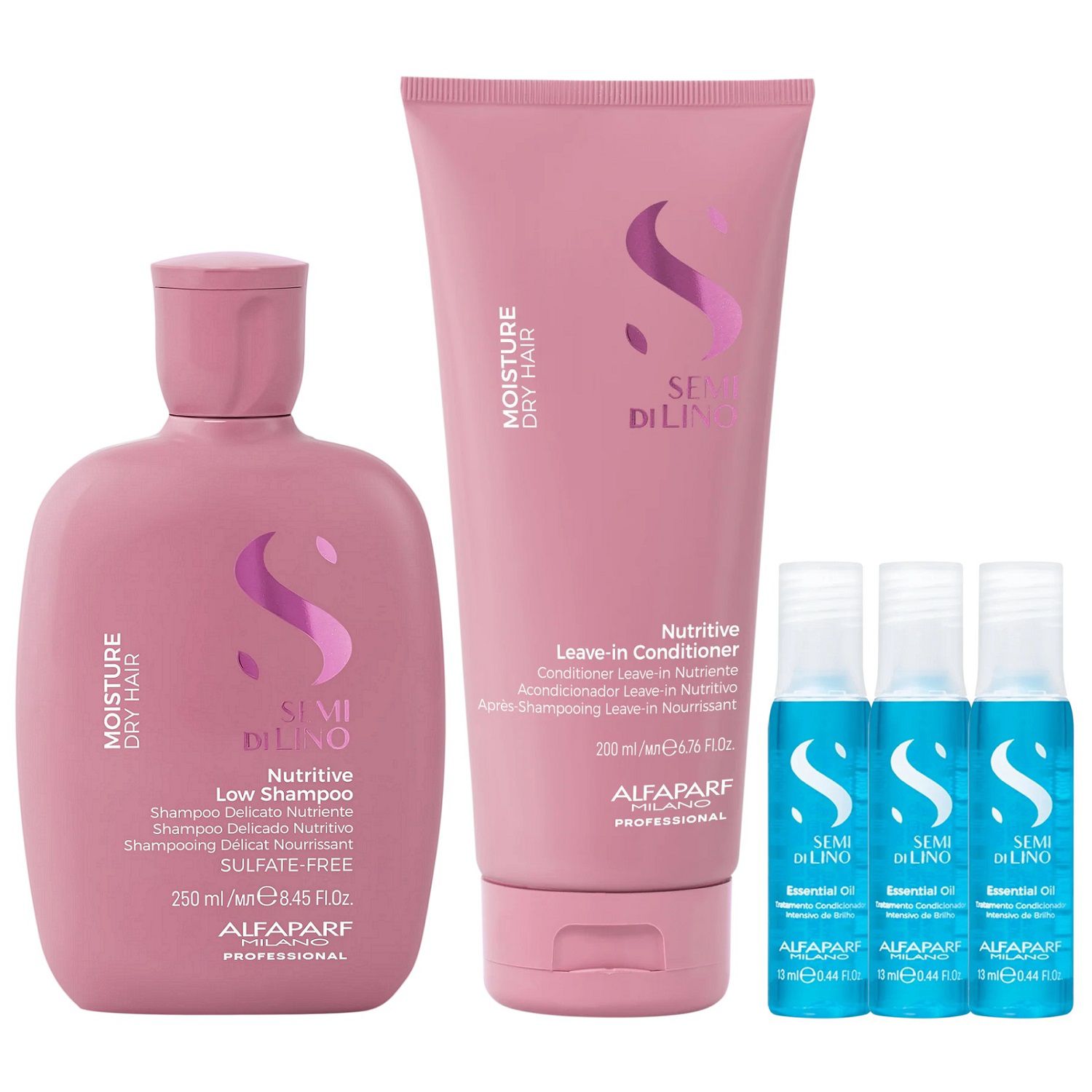 Kit Alfaparf Semi Di Lino Moisture - Shampoo 250ml + Leave in Condicionador 200ml + 3x Ampola 13ml