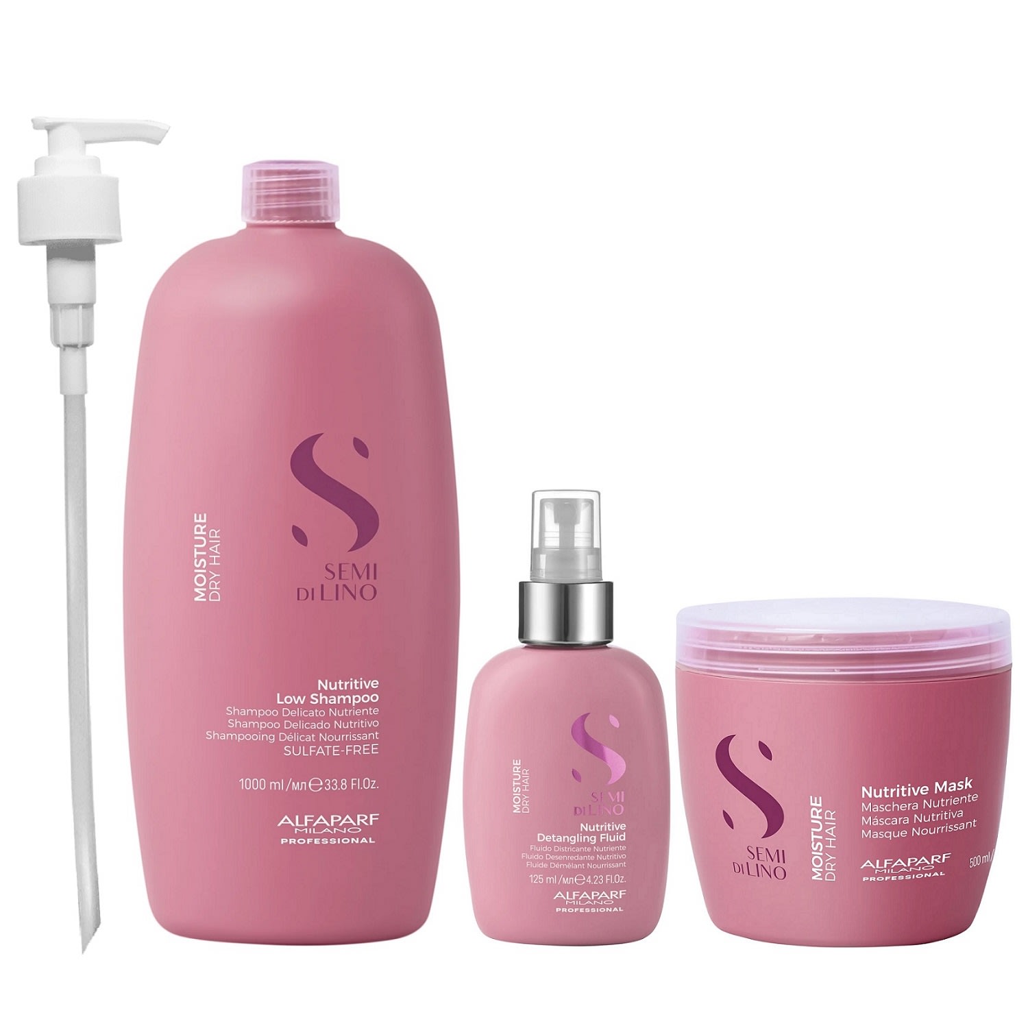 Kit Alfaparf Semi Di Lino Moisture - Shampoo 1L + Máscara 500ml + Fluído 125ml + Válvula Pump