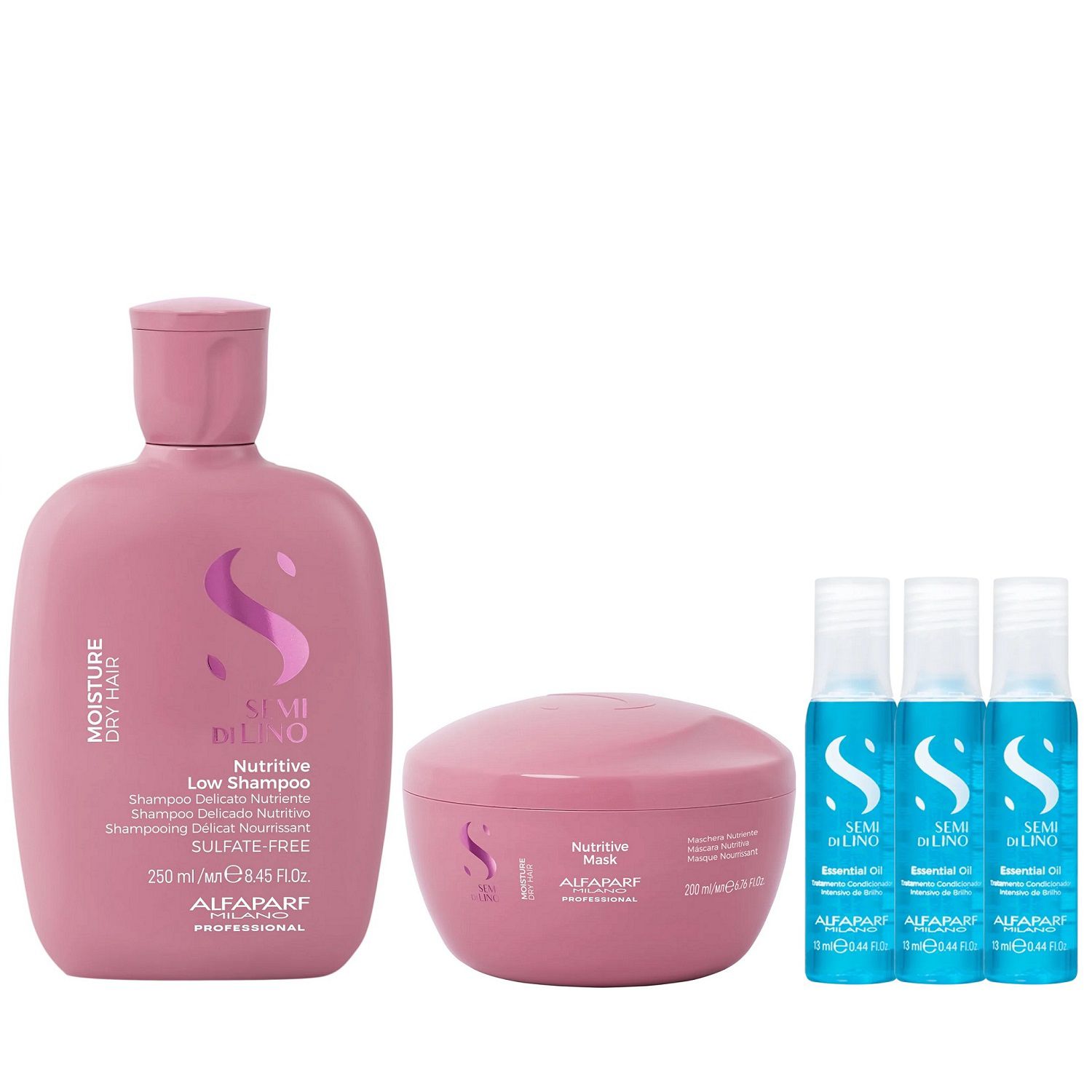 Kit Alfaparf Semi Di Lino Moisture - Shampoo 250ml + Máscara 200ml + 3x Ampola 13ml