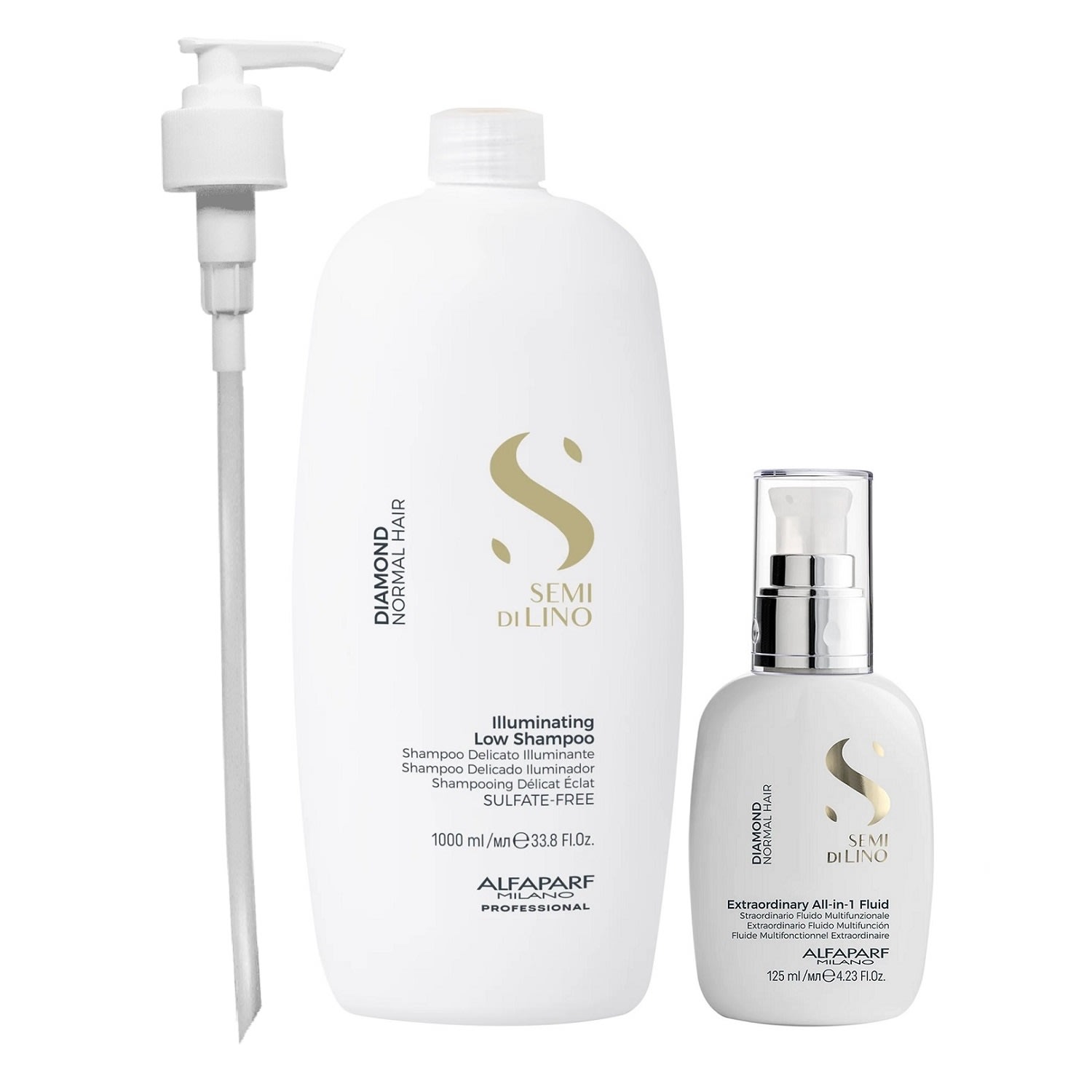 Kit Alfaparf Semi Di Lino Diamond - Shampoo 1L + Fluído 125ml + Válvula Pump